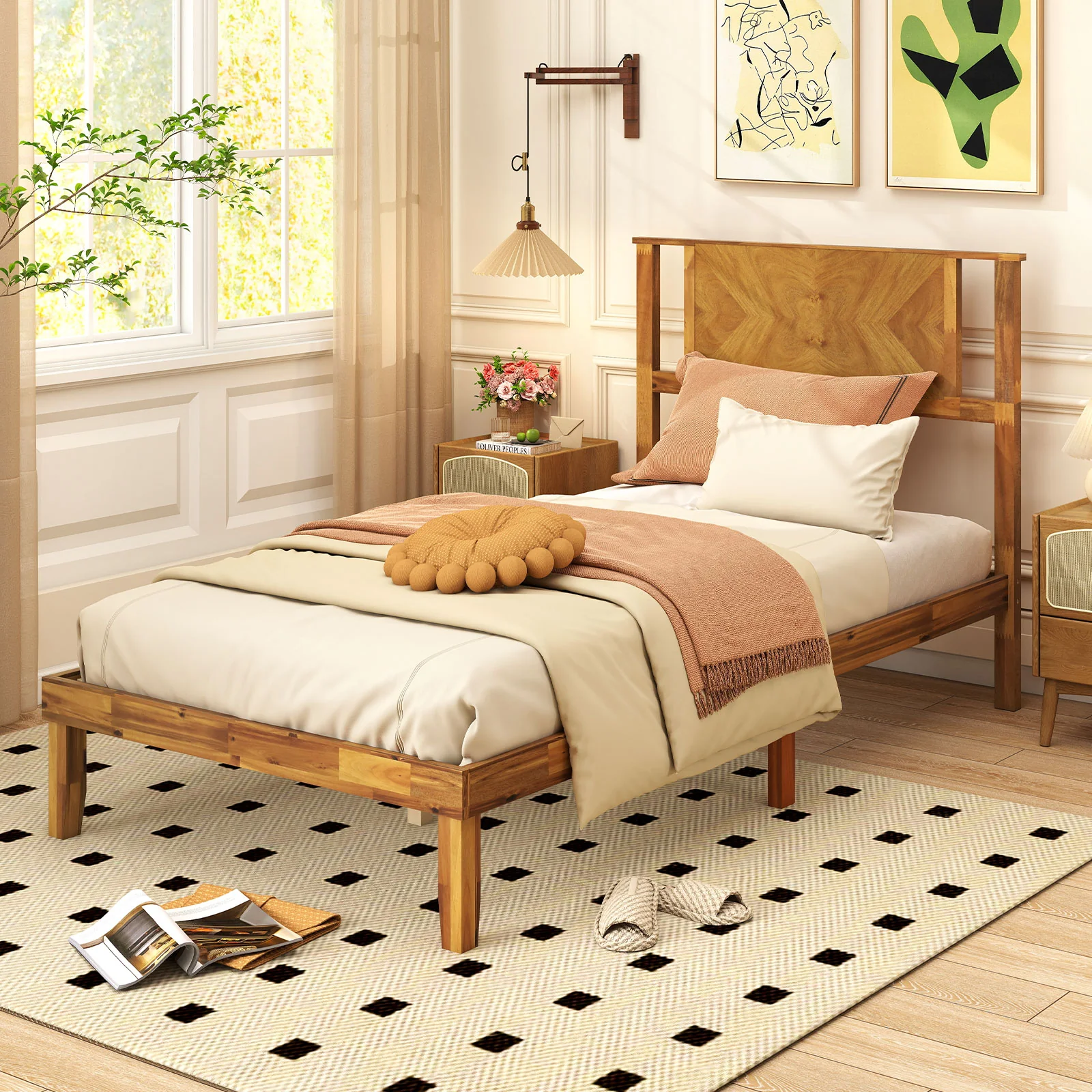 Twin/Full/Queen Size Bed Frame Mid-Century Acacia Wood Platform Bed with Headboard-Twin Size - Image 2