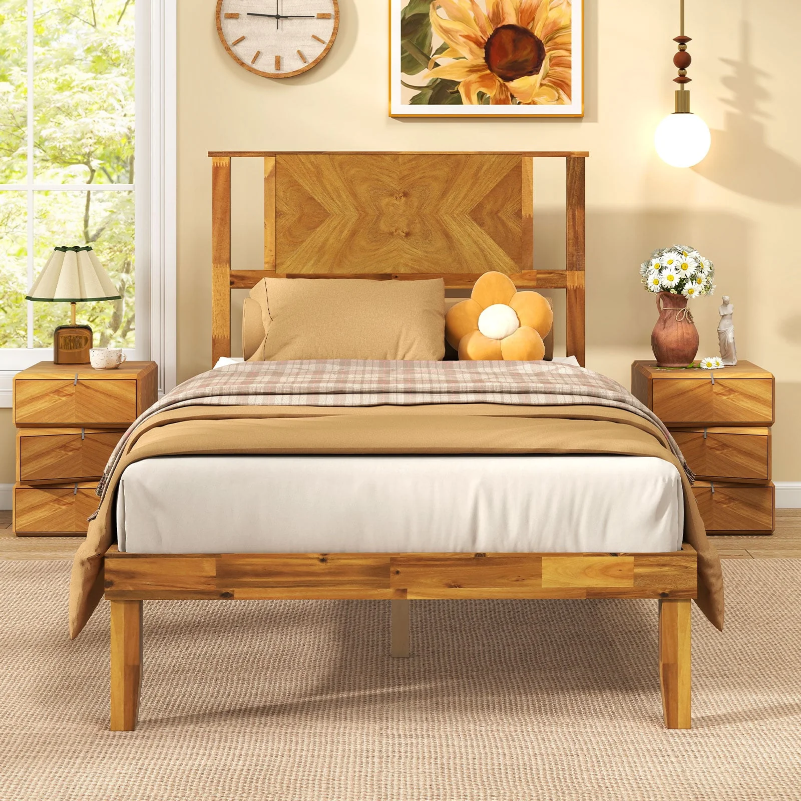 Twin/Full/Queen Size Bed Frame Mid-Century Acacia Wood Platform Bed with Headboard-Twin Size - Image 3