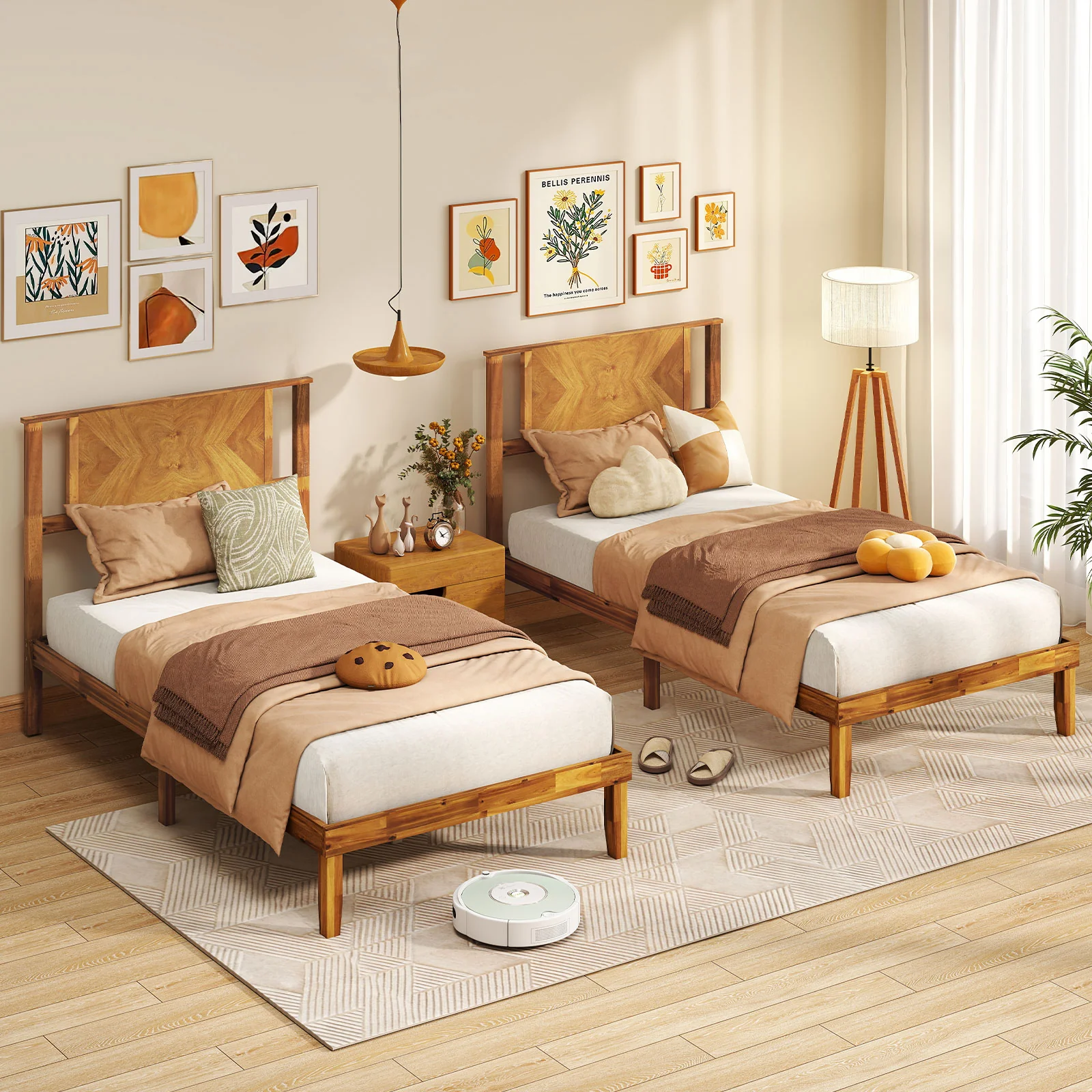 Twin/Full/Queen Size Bed Frame Mid-Century Acacia Wood Platform Bed with Headboard-Twin Size - Image 6