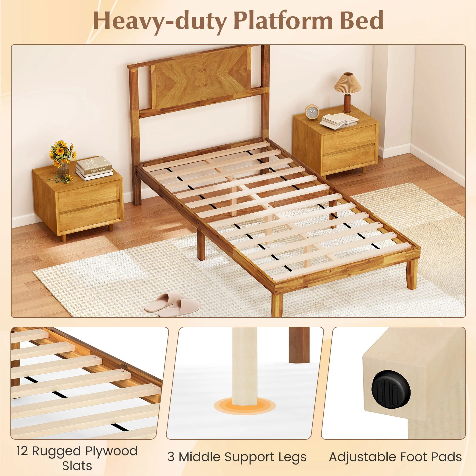 Twin/Full/Queen Size Bed Frame Mid-Century Acacia Wood Platform Bed with Headboard-Twin Size - Image 7
