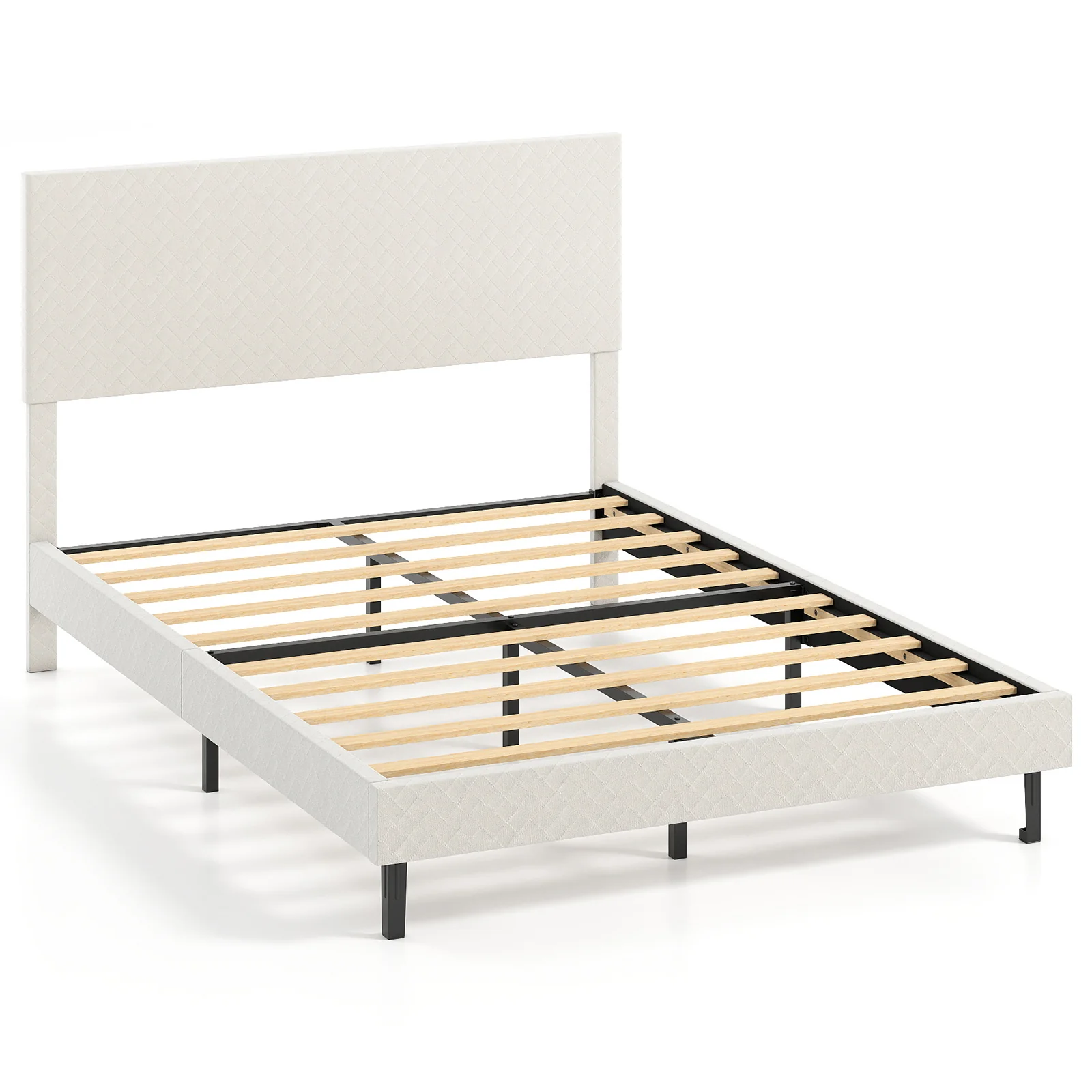 Twin/Full/Queen Size Velvet Bed Frame Upholstered Platform Bed with Chevron Headboard Beige-Full