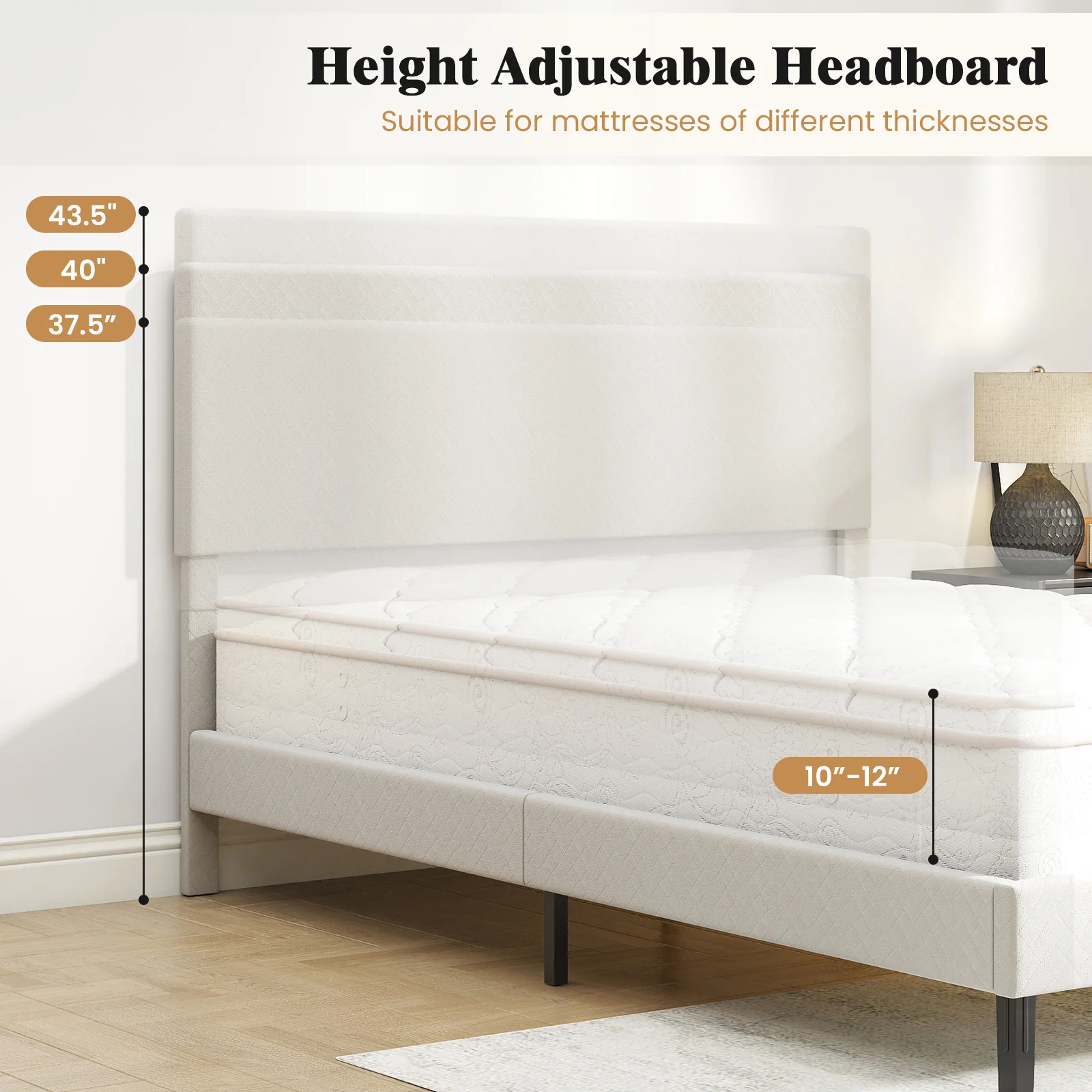 Twin/Full/Queen Size Velvet Bed Frame Upholstered Platform Bed with Chevron Headboard Beige-Full - Image 10