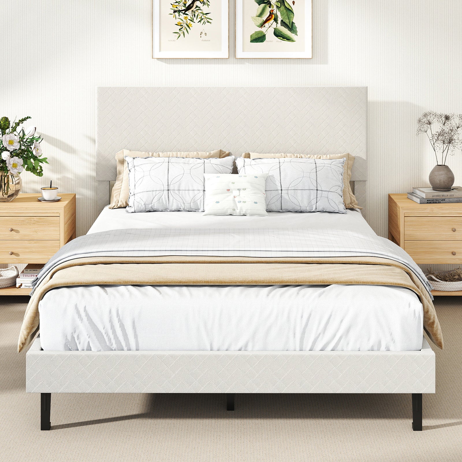 Twin/Full/Queen Size Velvet Bed Frame Upholstered Platform Bed with Chevron Headboard Beige-Full - Image 3