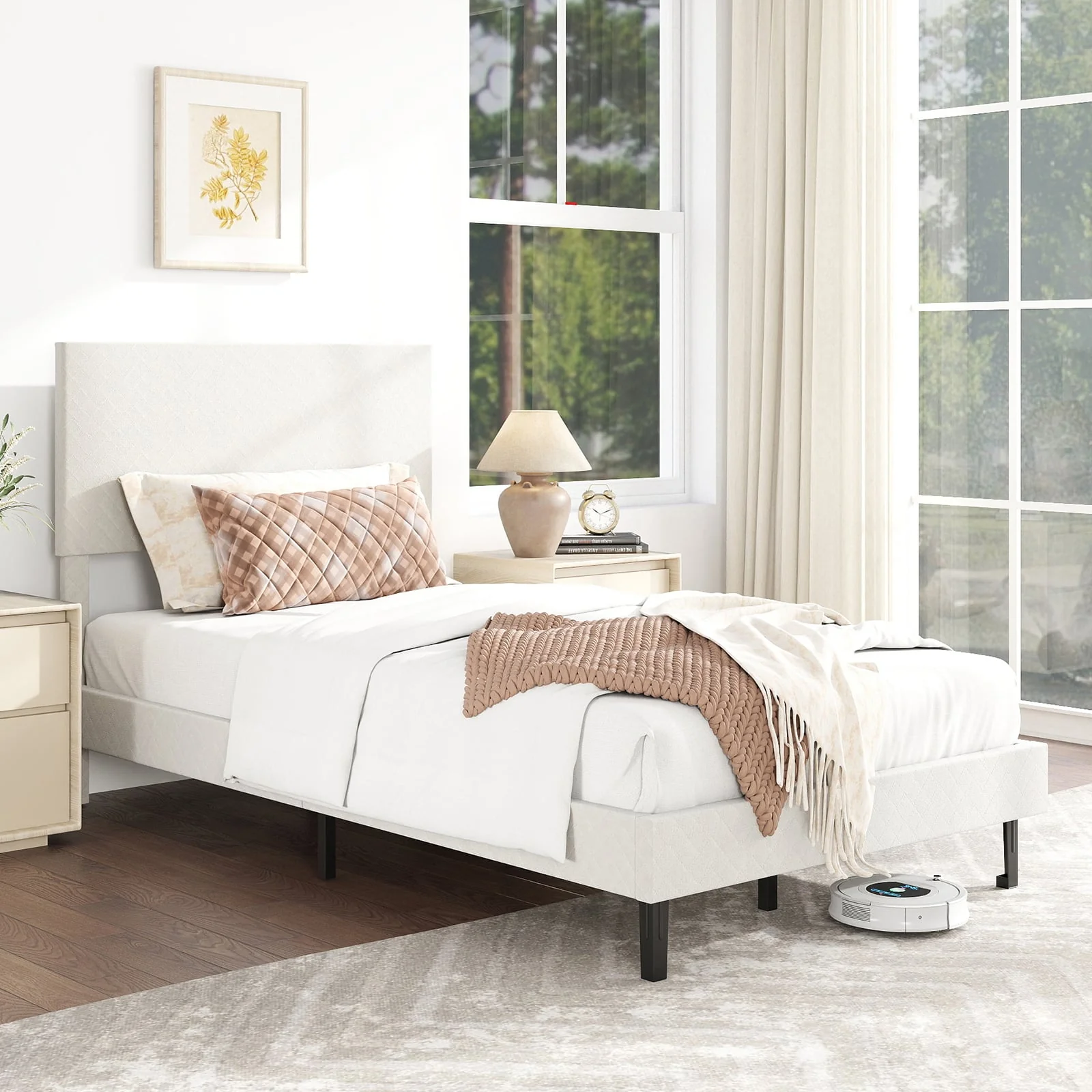 Twin/Full/Queen Size Velvet Bed Frame Upholstered Platform Bed with Chevron Headboard Beige-Twin - Image 2