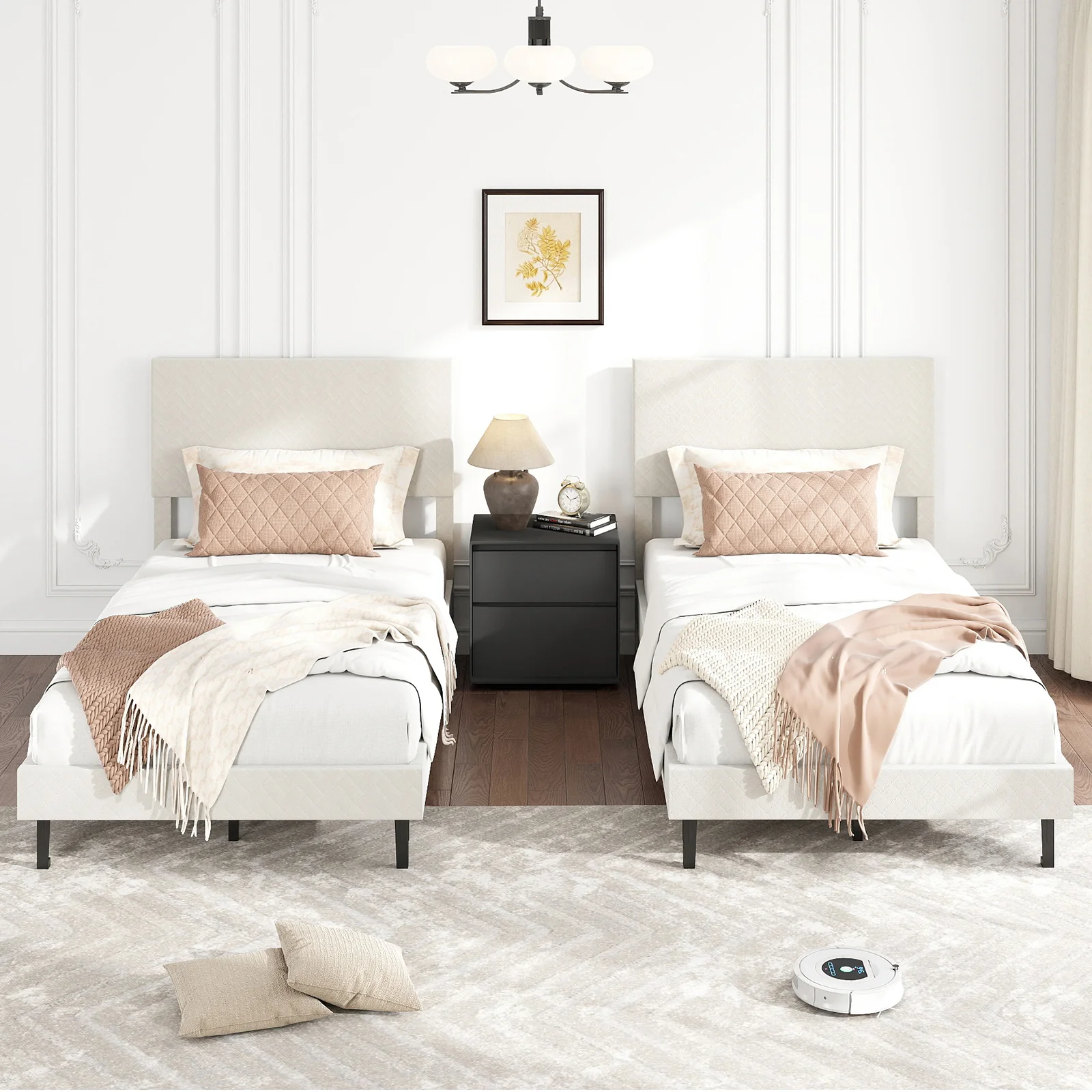 Twin/Full/Queen Size Velvet Bed Frame Upholstered Platform Bed with Chevron Headboard Beige-Twin - Image 3