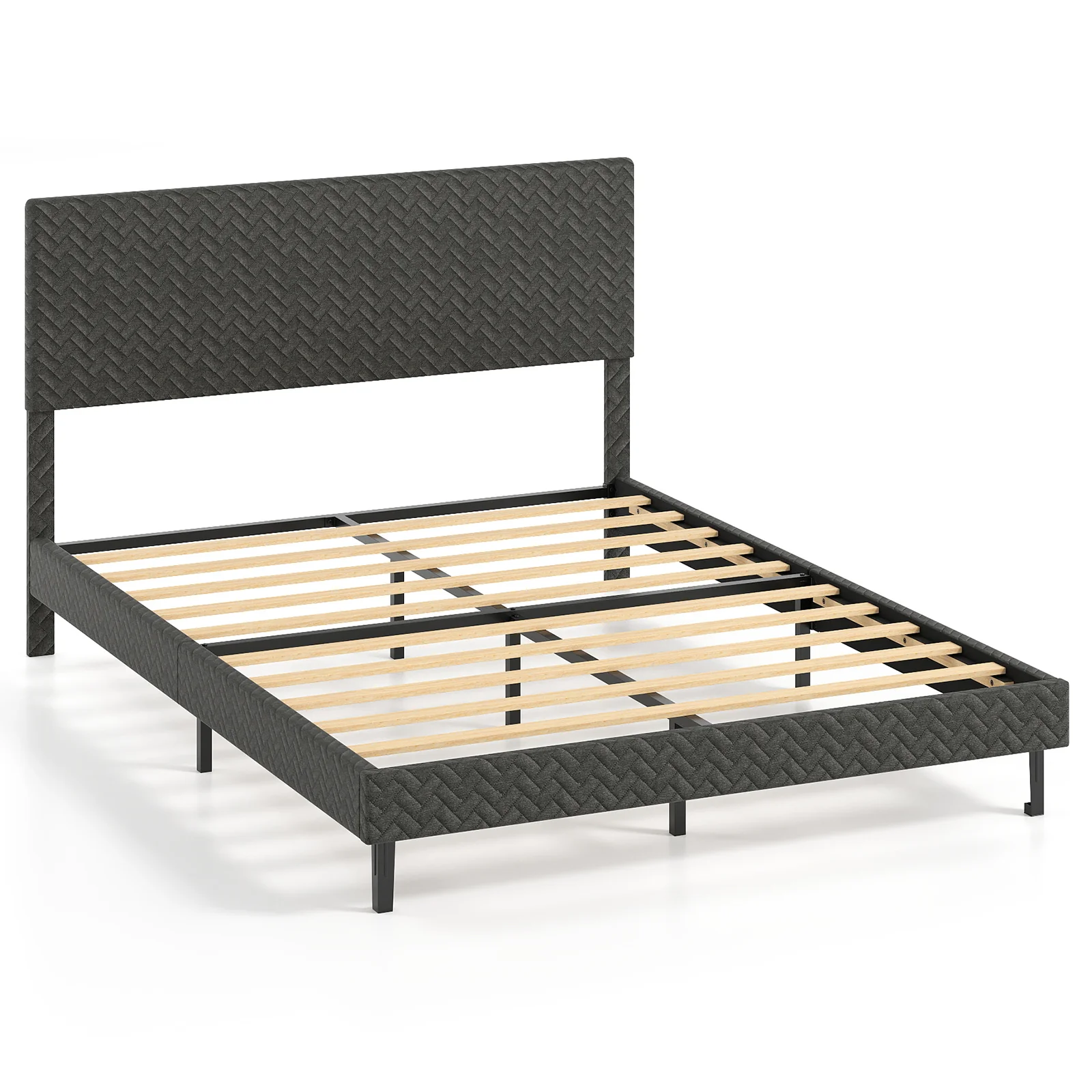 Twin/Full/Queen Size Velvet Bed Frame Upholstered Platform Bed with Chevron Headboard Gray-Queen - Image 4