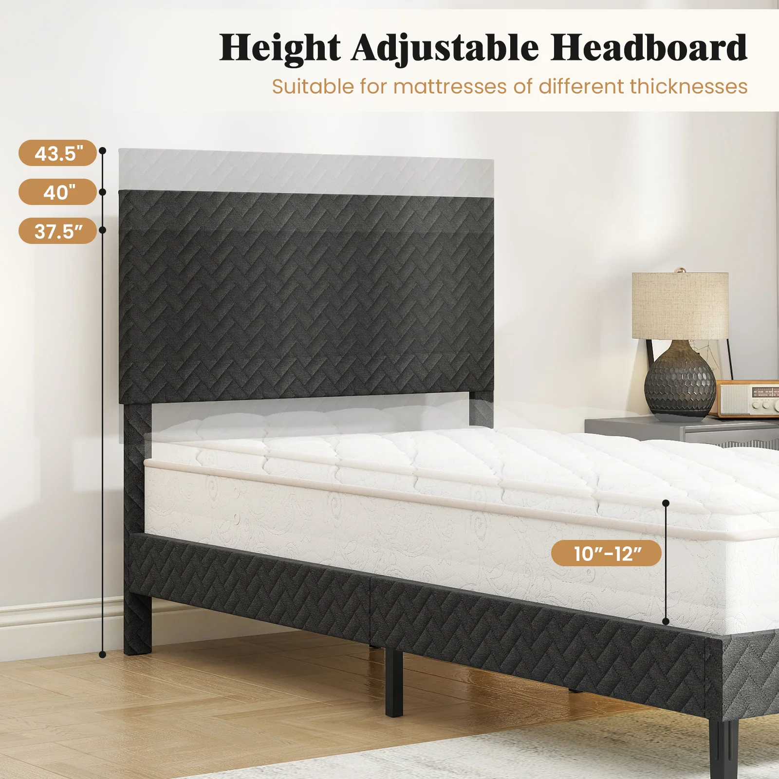 Twin/Full/Queen Size Velvet Bed Frame Upholstered Platform Bed with Chevron Headboard Gray-Twin - Image 10
