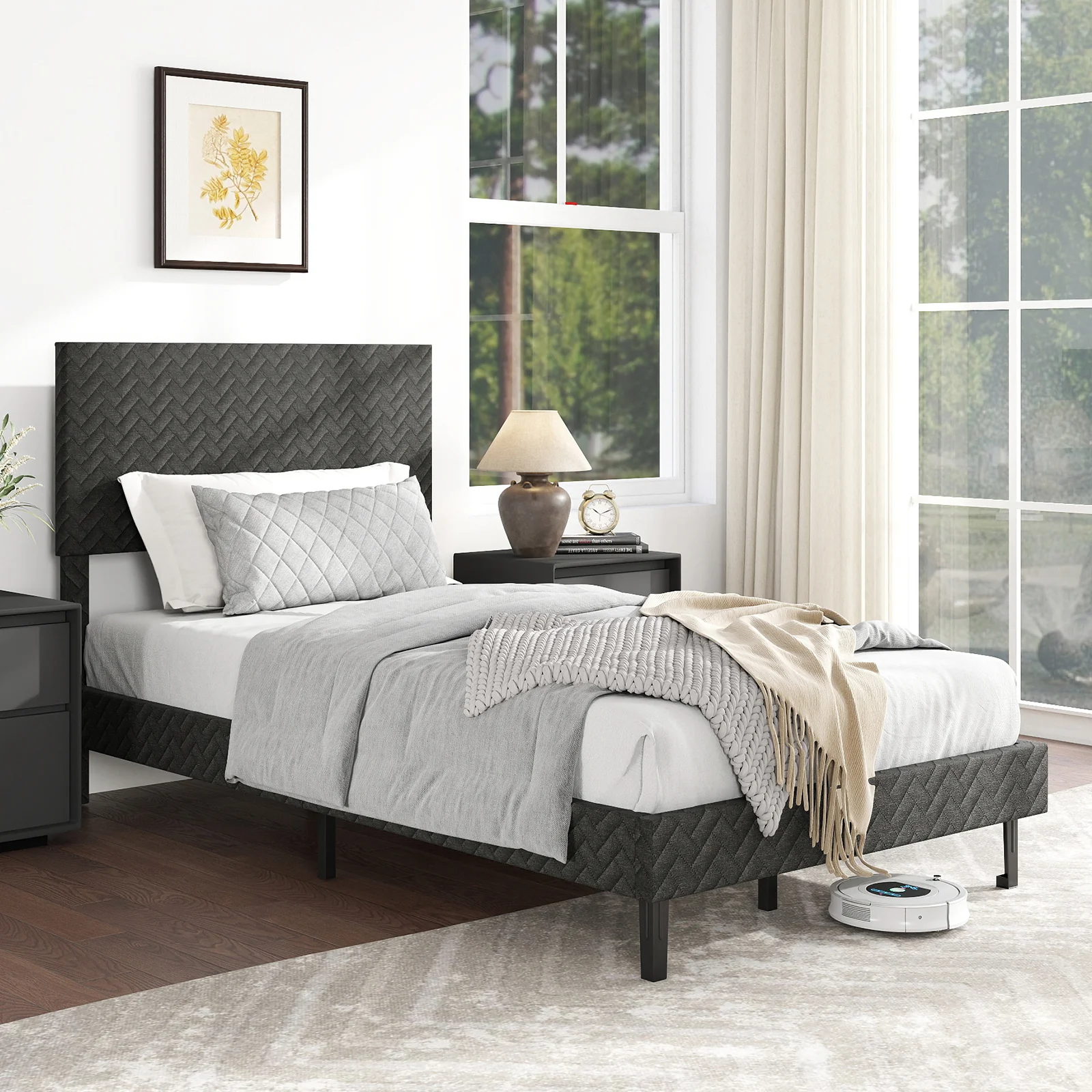 Twin/Full/Queen Size Velvet Bed Frame Upholstered Platform Bed with Chevron Headboard Gray-Twin - Image 2