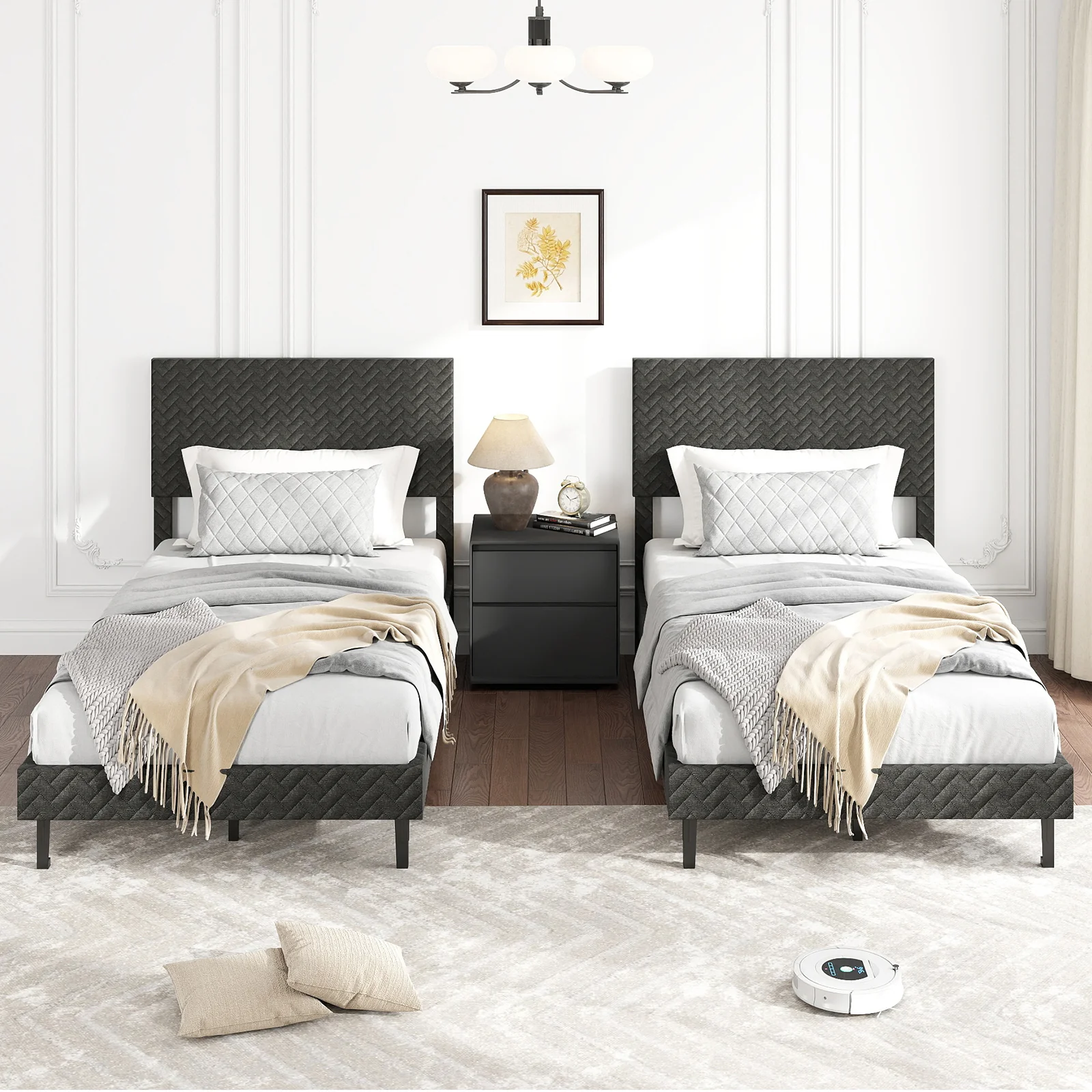 Twin/Full/Queen Size Velvet Bed Frame Upholstered Platform Bed with Chevron Headboard Gray-Twin - Image 3