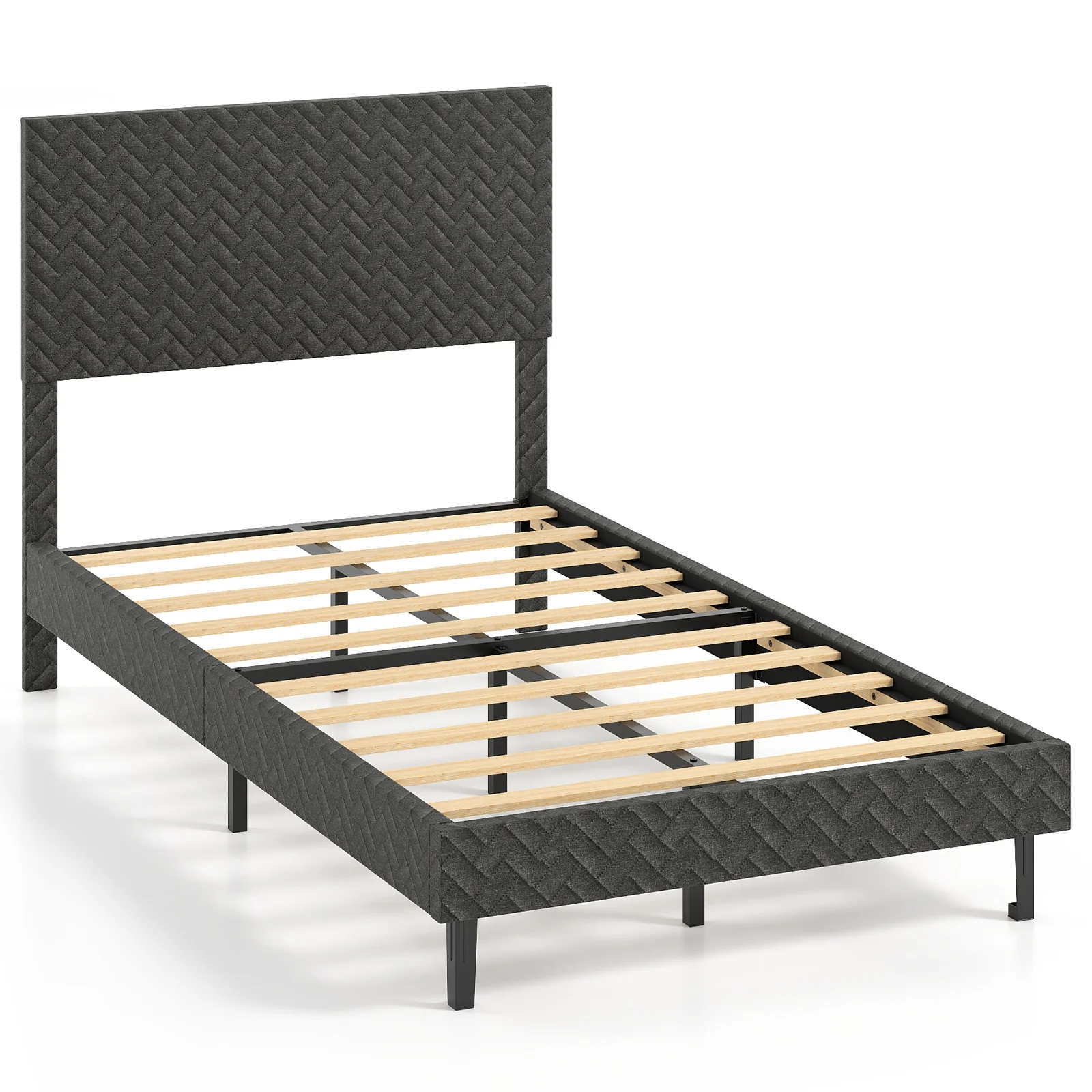 Twin/Full/Queen Size Velvet Bed Frame Upholstered Platform Bed with Chevron Headboard Gray-Twin - Image 4