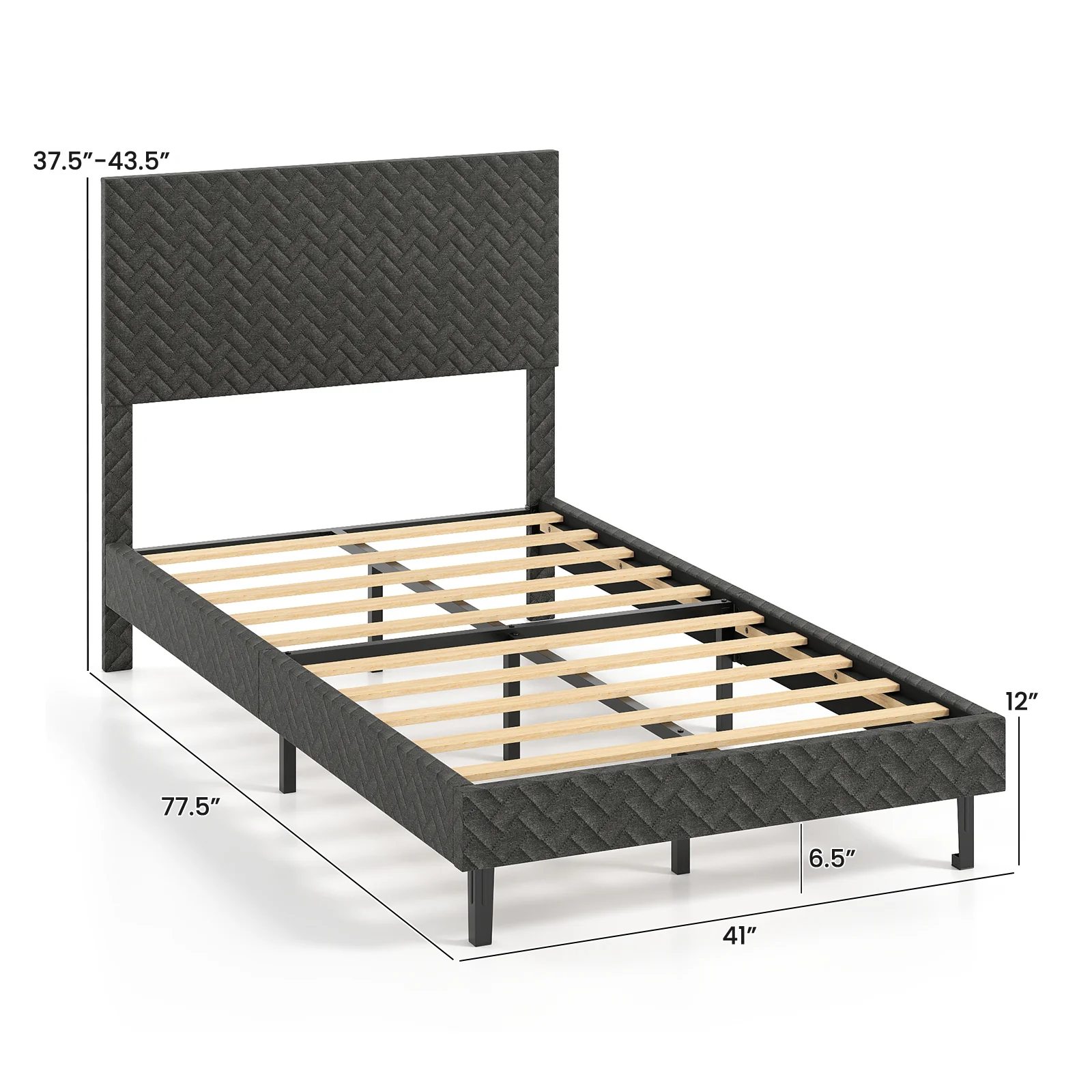 Twin/Full/Queen Size Velvet Bed Frame Upholstered Platform Bed with Chevron Headboard Gray-Twin - Image 5
