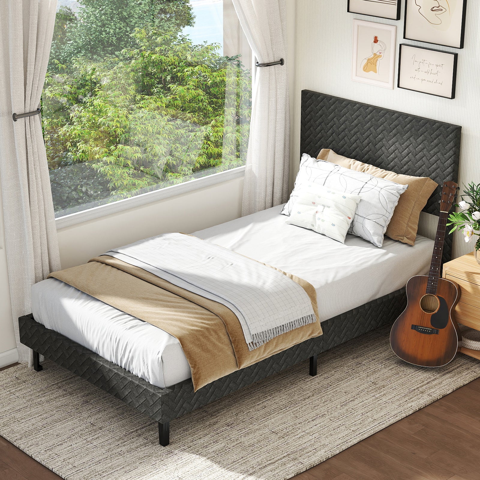 Twin/Full/Queen Size Velvet Bed Frame Upholstered Platform Bed with Chevron Headboard Gray-Twin - Image 6
