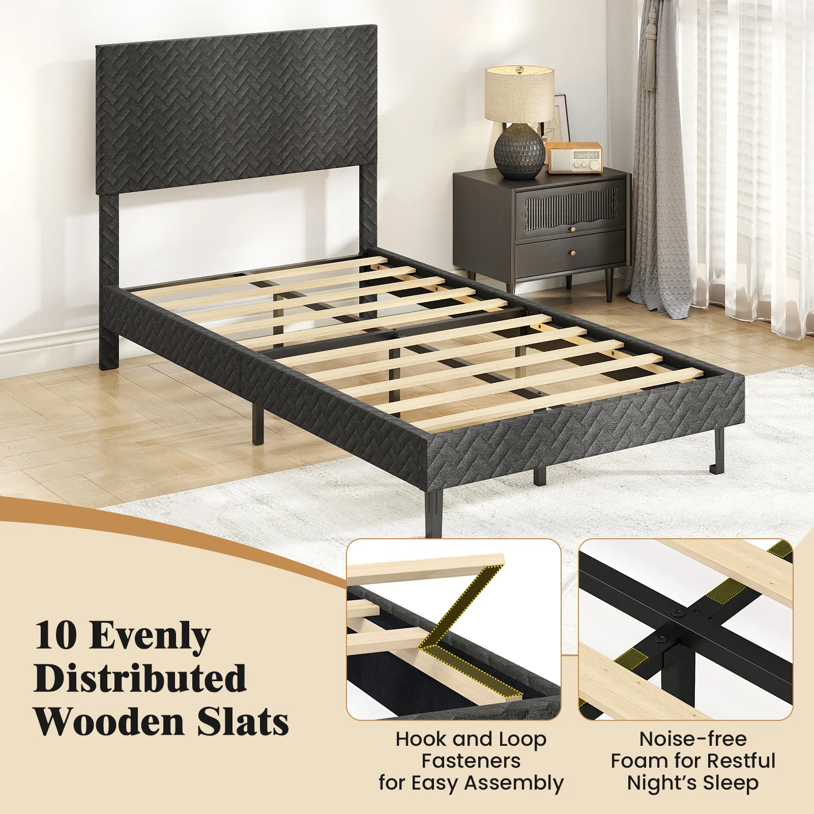 Twin/Full/Queen Size Velvet Bed Frame Upholstered Platform Bed with Chevron Headboard Gray-Twin - Image 7