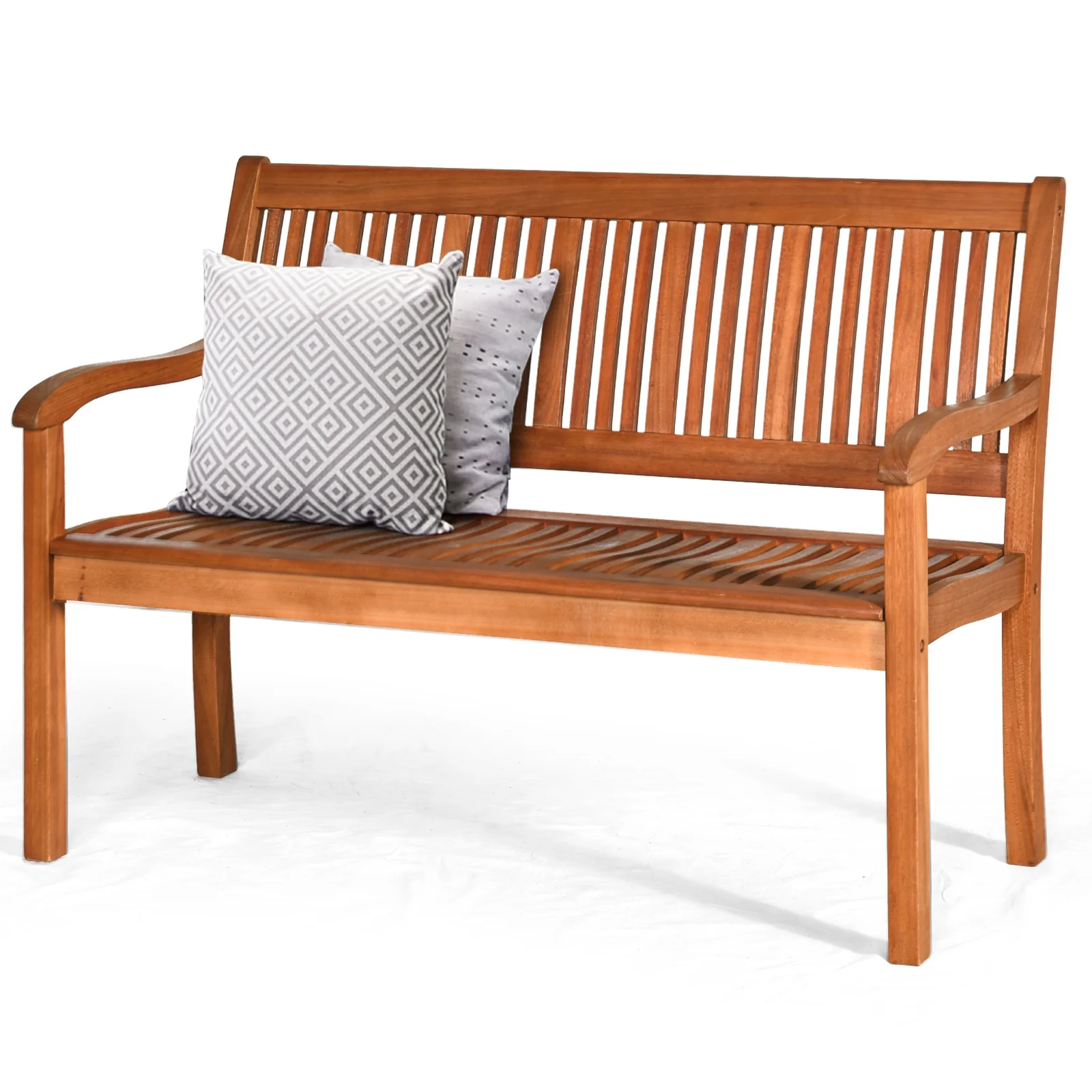 Two Person Solid Wood Garden Bench, Curved Backrest, Wide Armrest, Natural