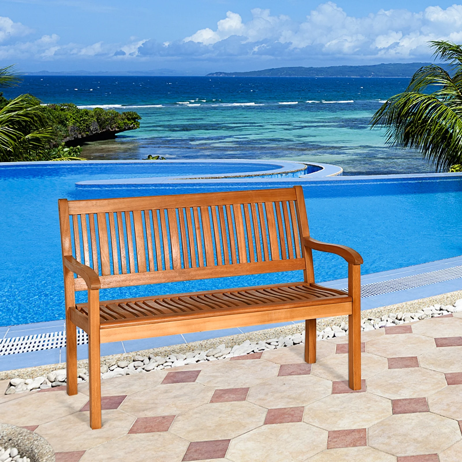 Two Person Solid Wood Garden Bench, Curved Backrest, Wide Armrest, Natural - Image 2