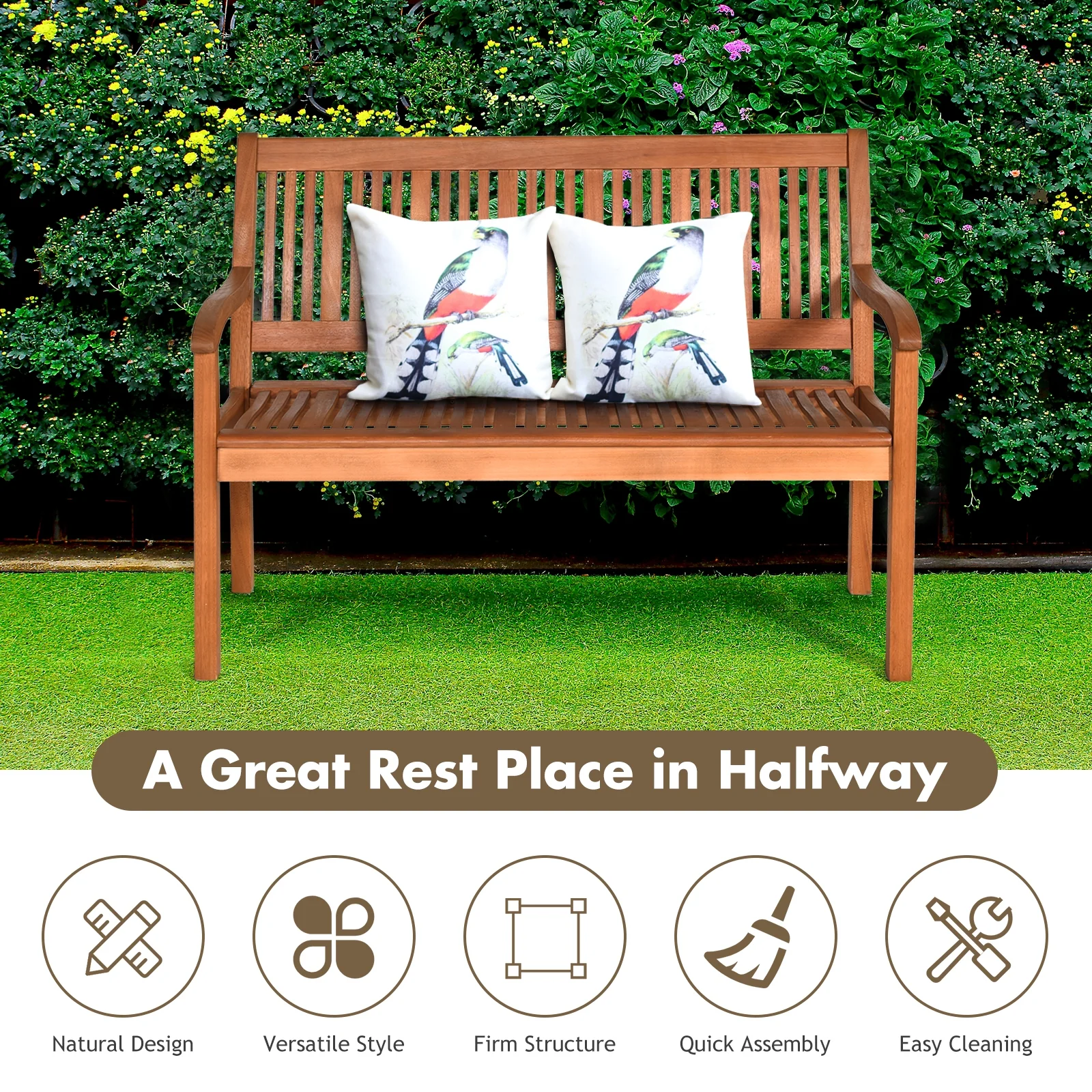 Two Person Solid Wood Garden Bench, Curved Backrest, Wide Armrest, Natural - Image 3