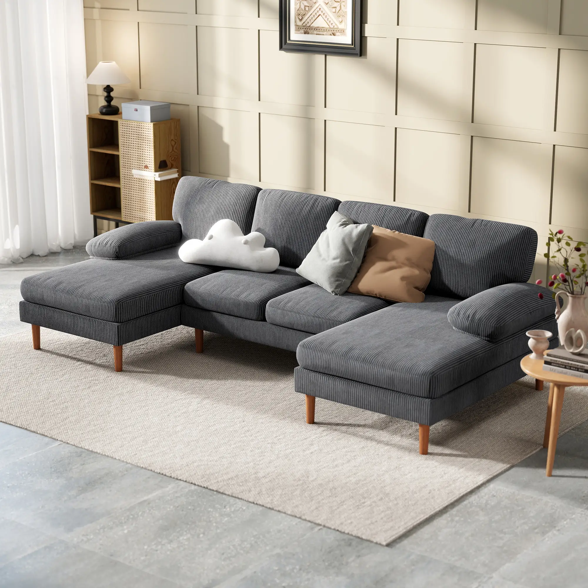 U Shape Couch with Double Chaise, Modern 4 Seater Sofa, Dark Grey - Image 2