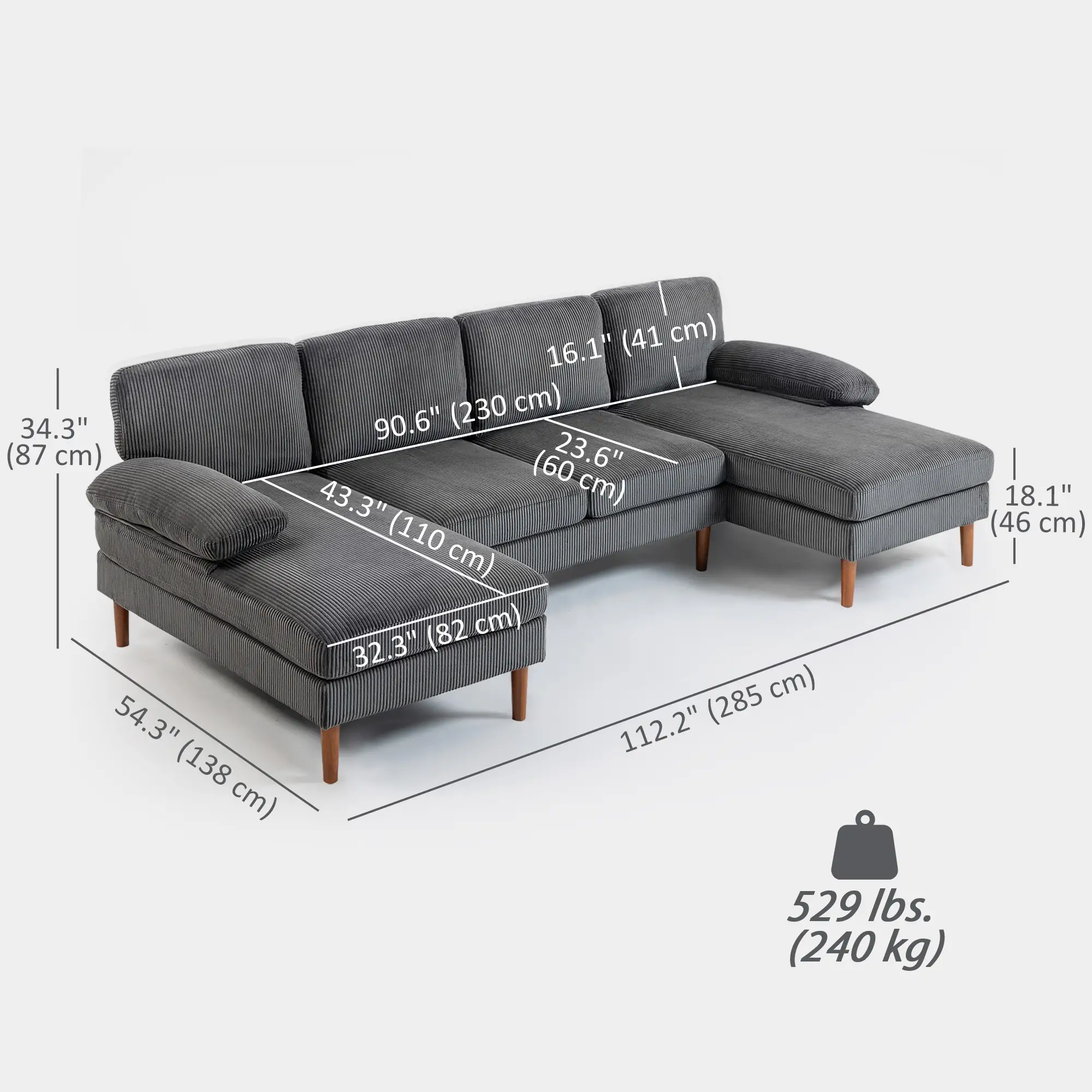 U Shape Couch with Double Chaise, Modern 4 Seater Sofa, Dark Grey - Image 3