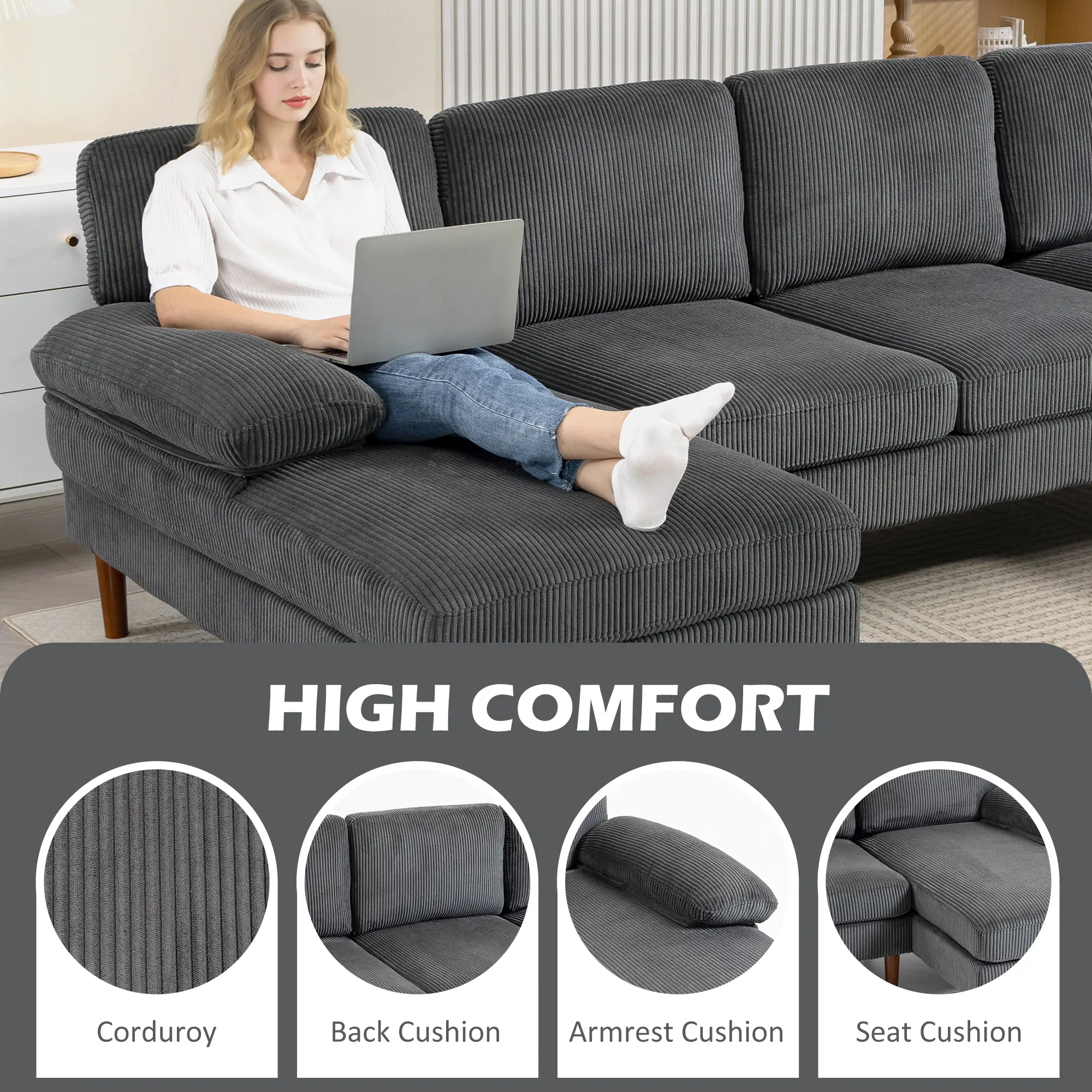 U Shape Couch with Double Chaise, Modern 4 Seater Sofa, Dark Grey - Image 5