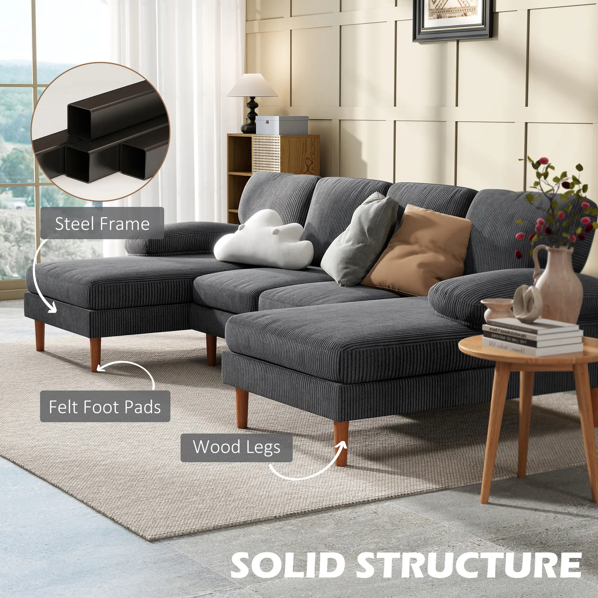 U Shape Couch with Double Chaise, Modern 4 Seater Sofa, Dark Grey - Image 7