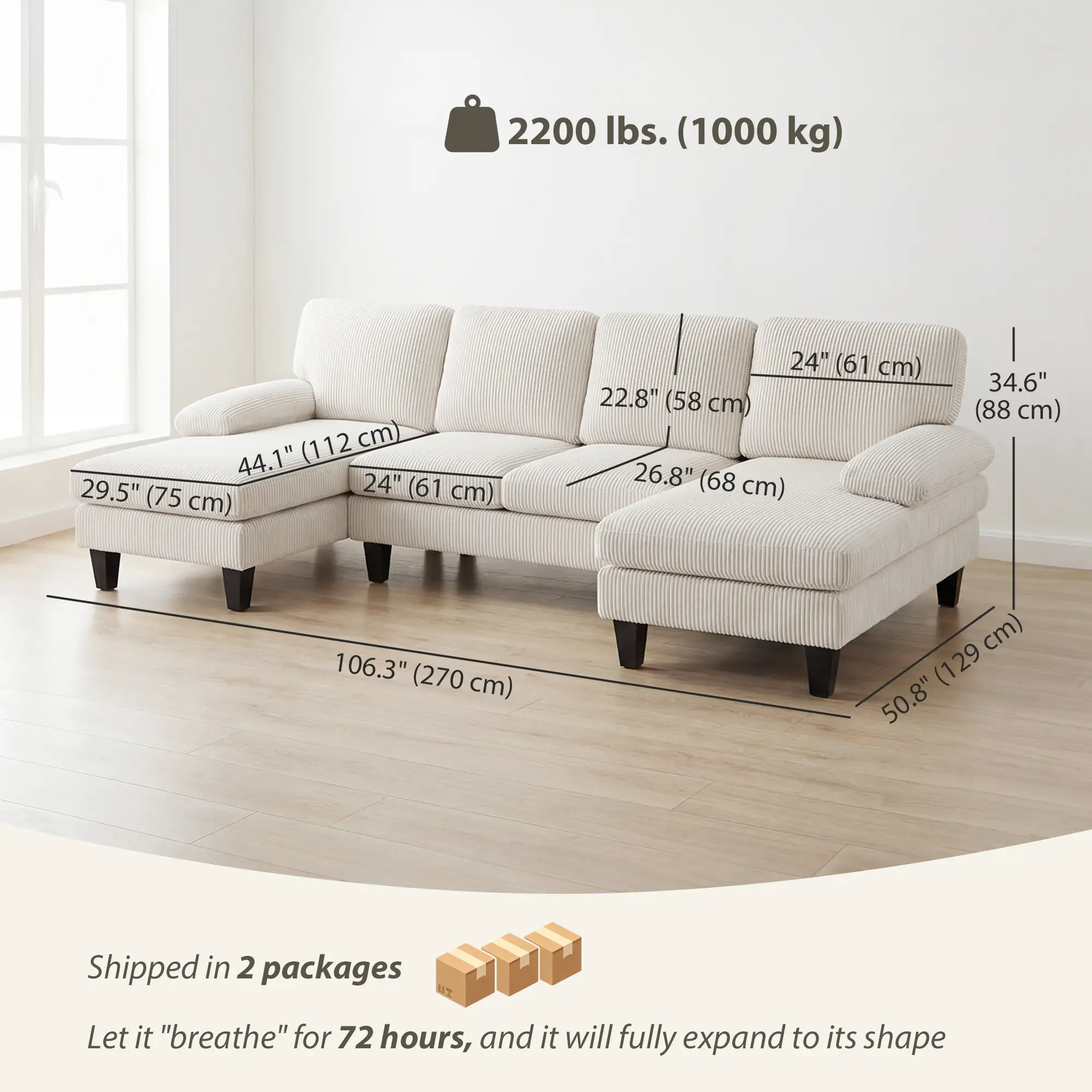 U-Shaped Sectional Sofa, Double Chaise, 2200lb Capacity, Beige - Image 3
