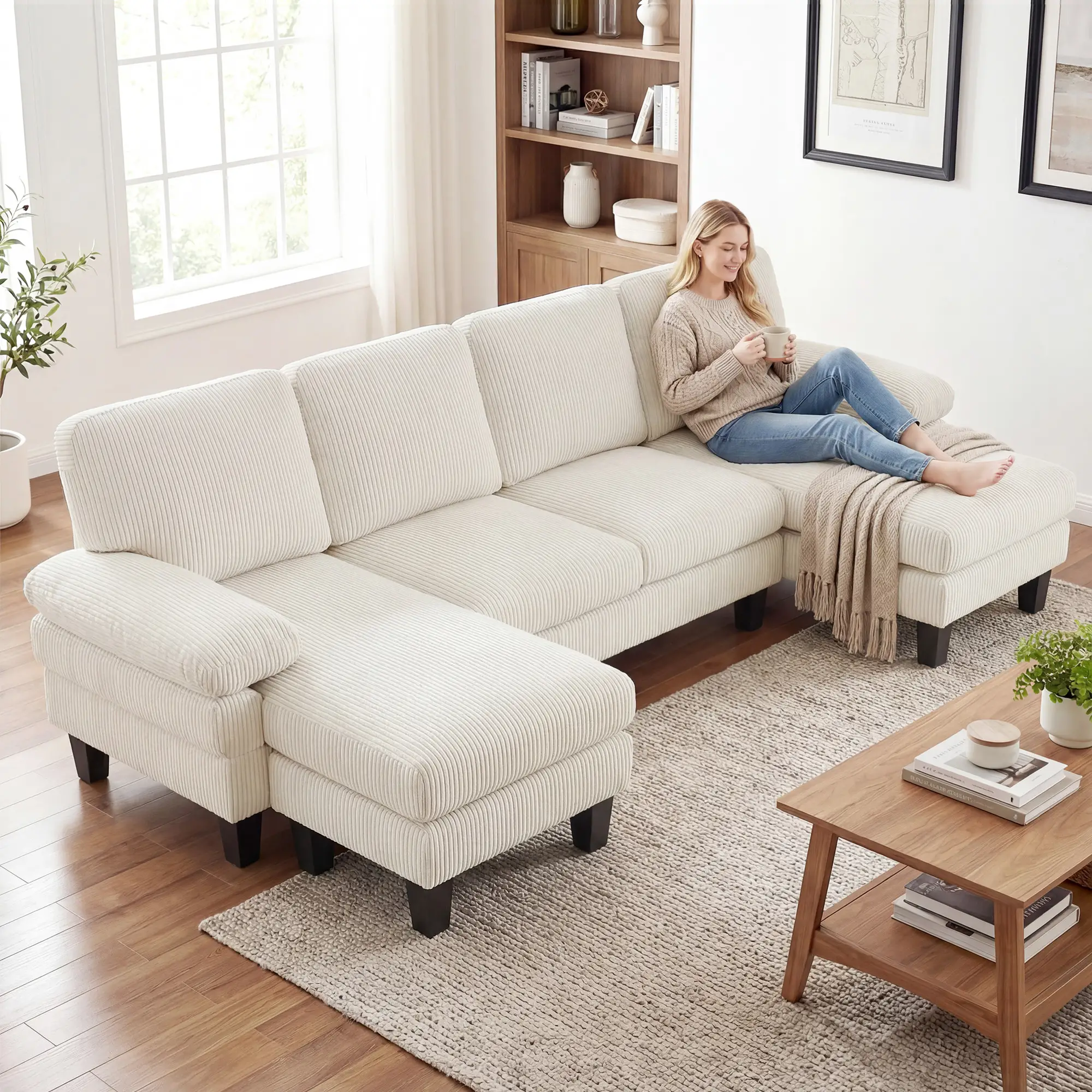 U-Shaped Sectional Sofa, Double Chaise, 2200lb Capacity, Beige - Image 9