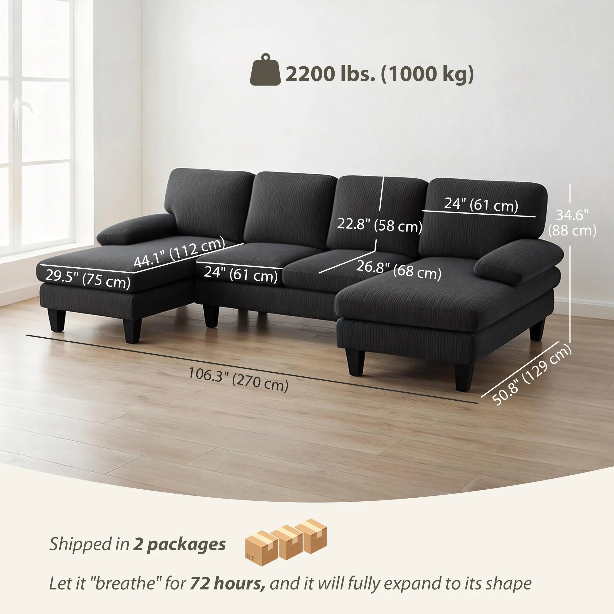 U Shaped Sectional Sofa, Double Chaise, 2200lb Capacity, Dark Grey - Image 2
