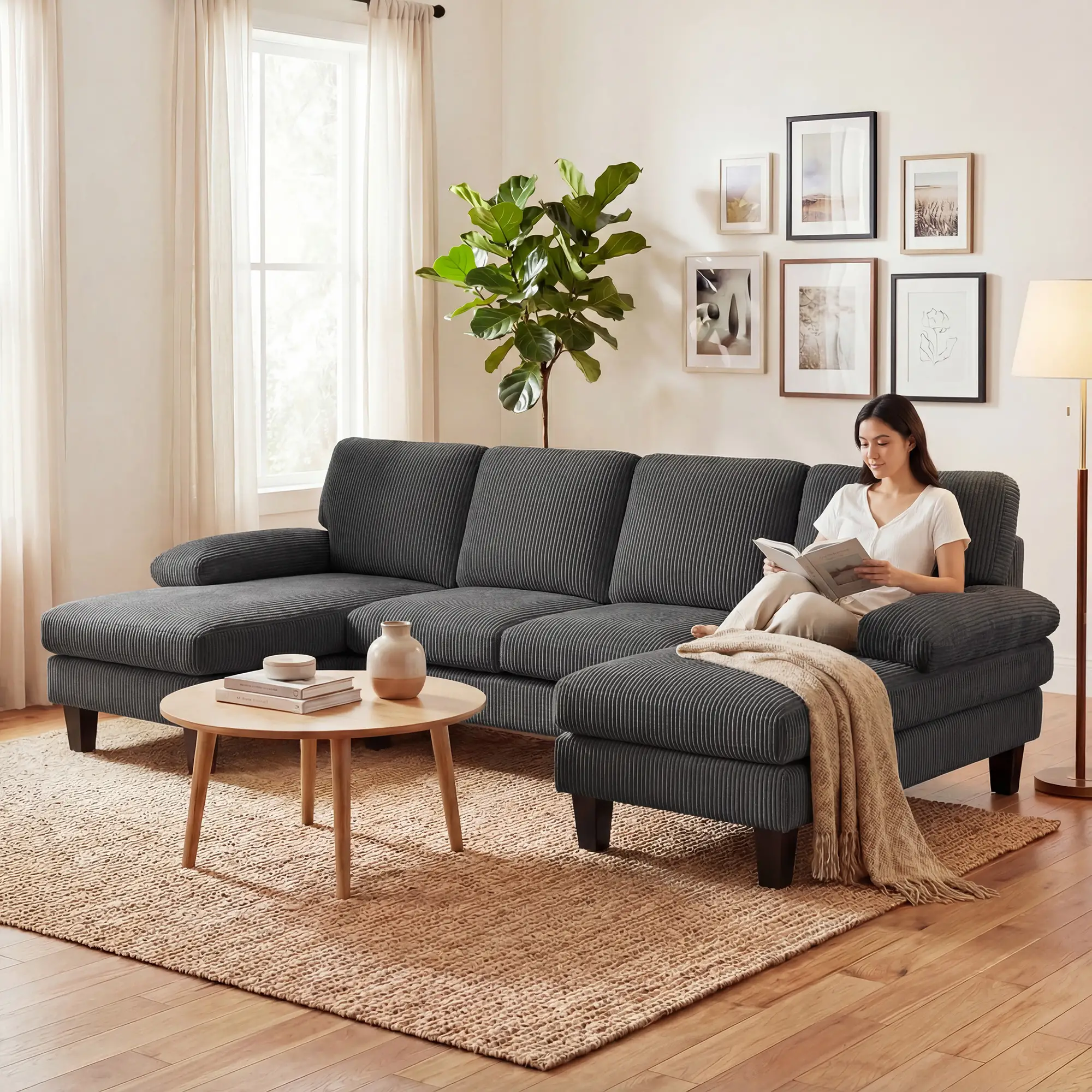 U Shaped Sectional Sofa, Double Chaise, 2200lb Capacity, Dark Grey - Image 9