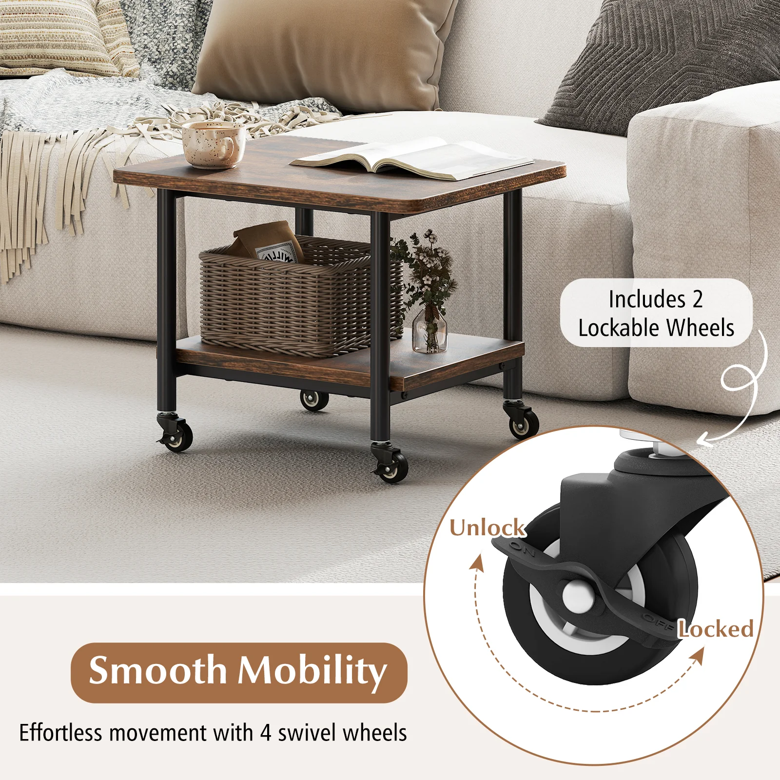 Under Desk Printer Stand, 360° Swivel Casters, Brown - Image 10