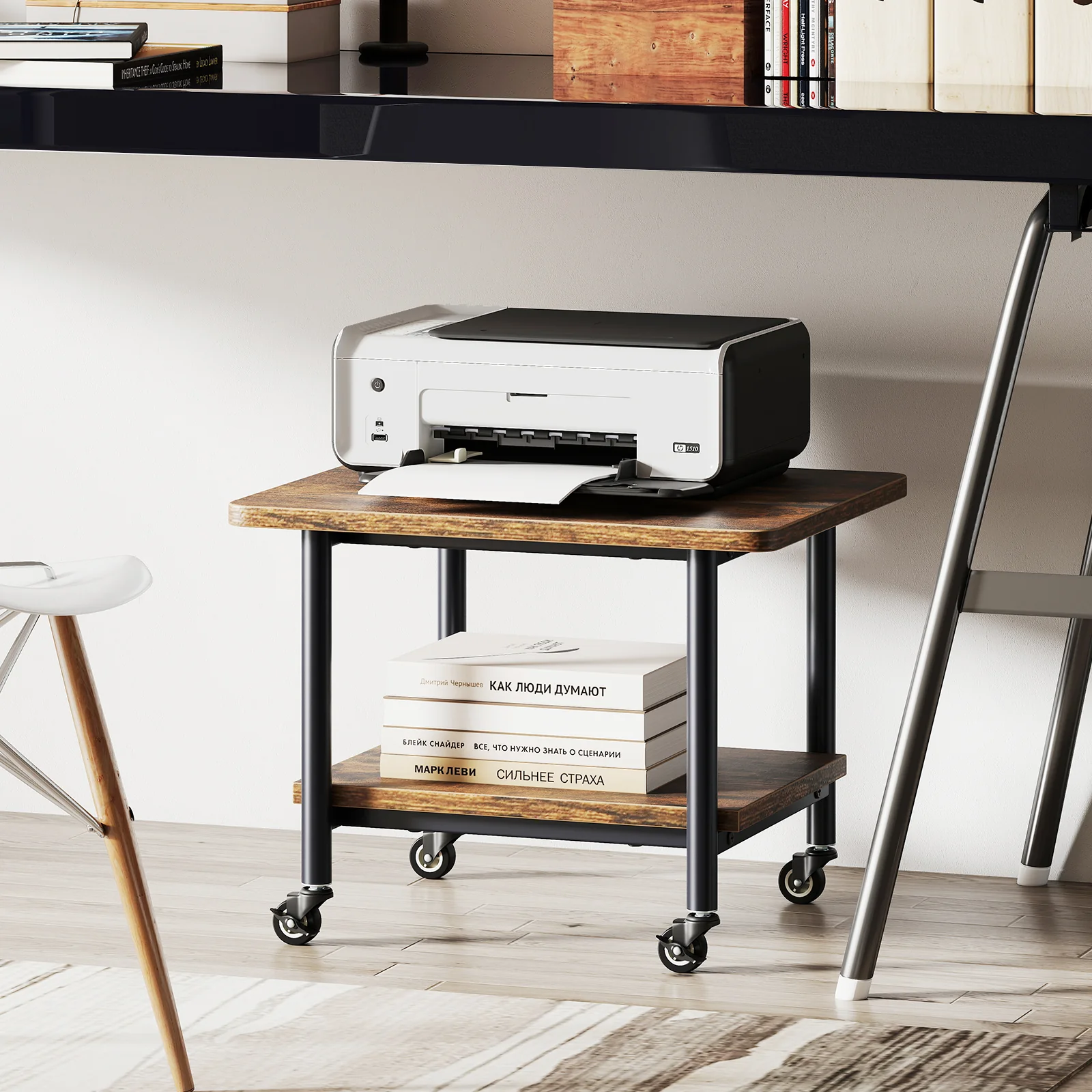 Under Desk Printer Stand, 360° Swivel Casters, Brown - Image 2