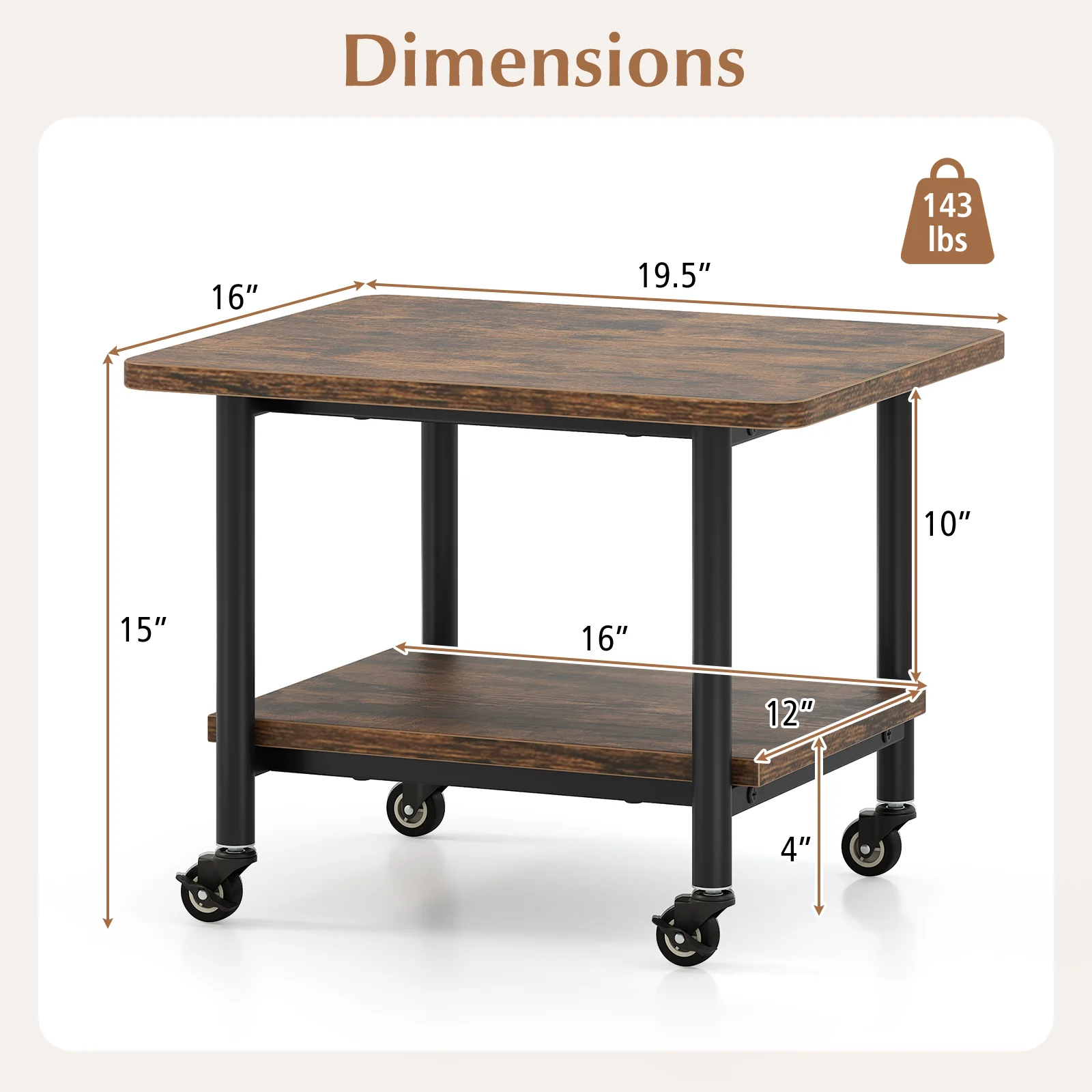 Under Desk Printer Stand, 360° Swivel Casters, Brown - Image 6