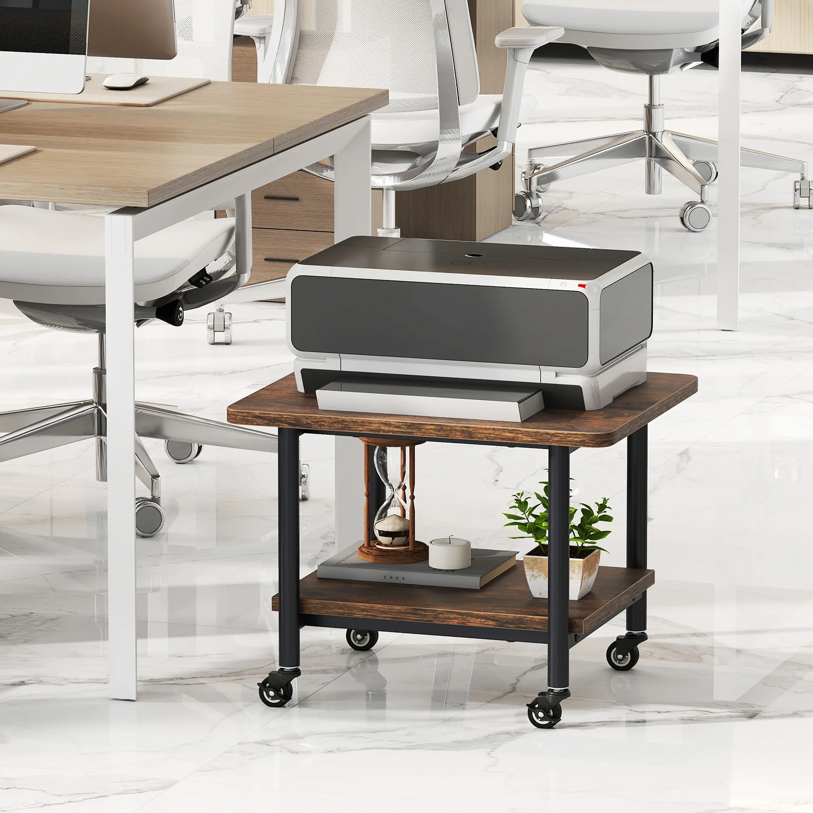 Under Desk Printer Stand, 360° Swivel Casters, Brown - Image 8