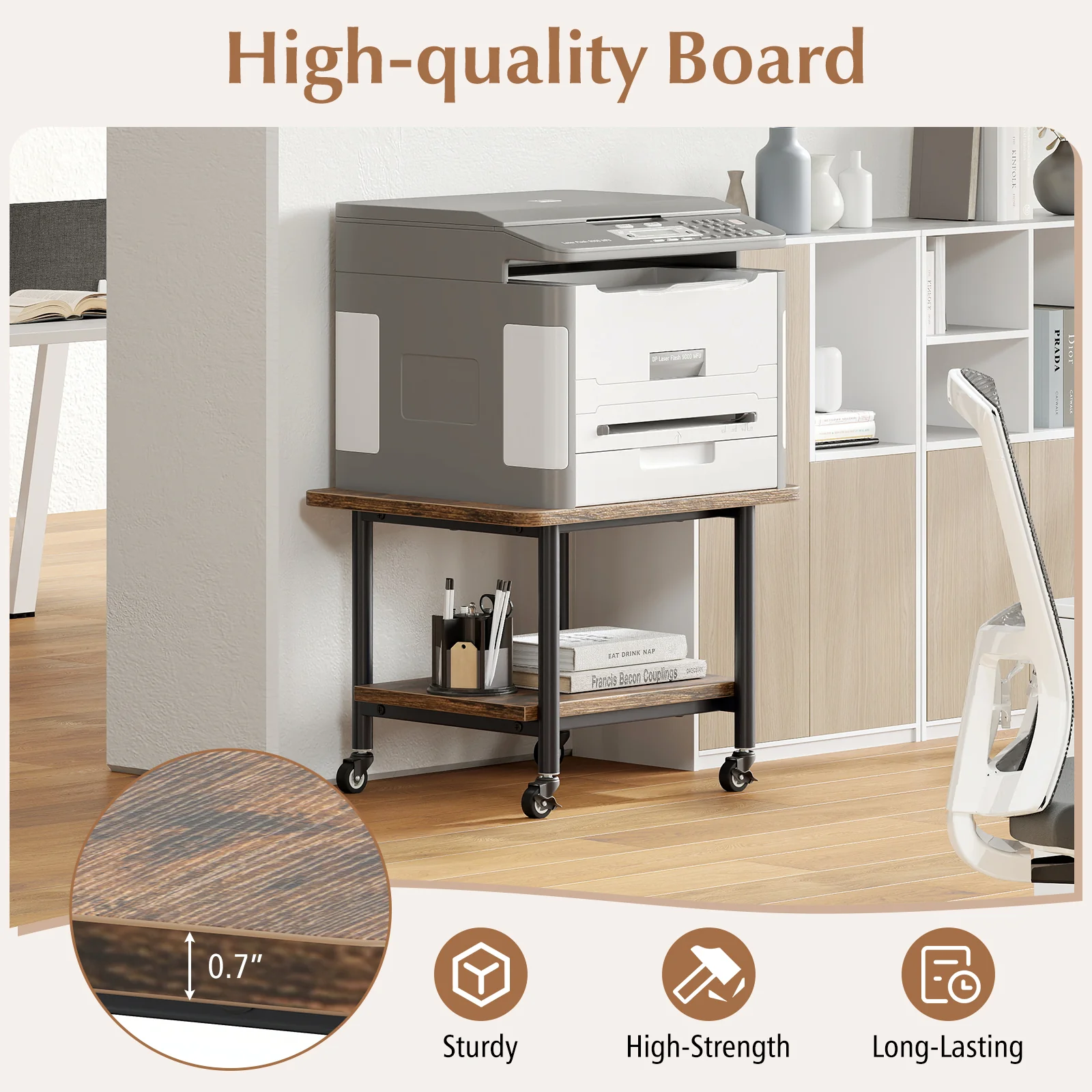 Under Desk Printer Stand, 360° Swivel Casters, Brown - Image 9