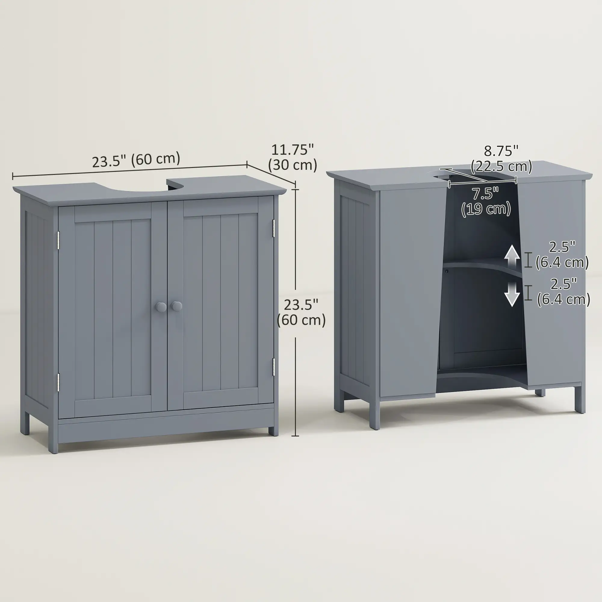 Under Sink Bathroom Cabinet, 2 Doors, Shelf, Grey - Image 3