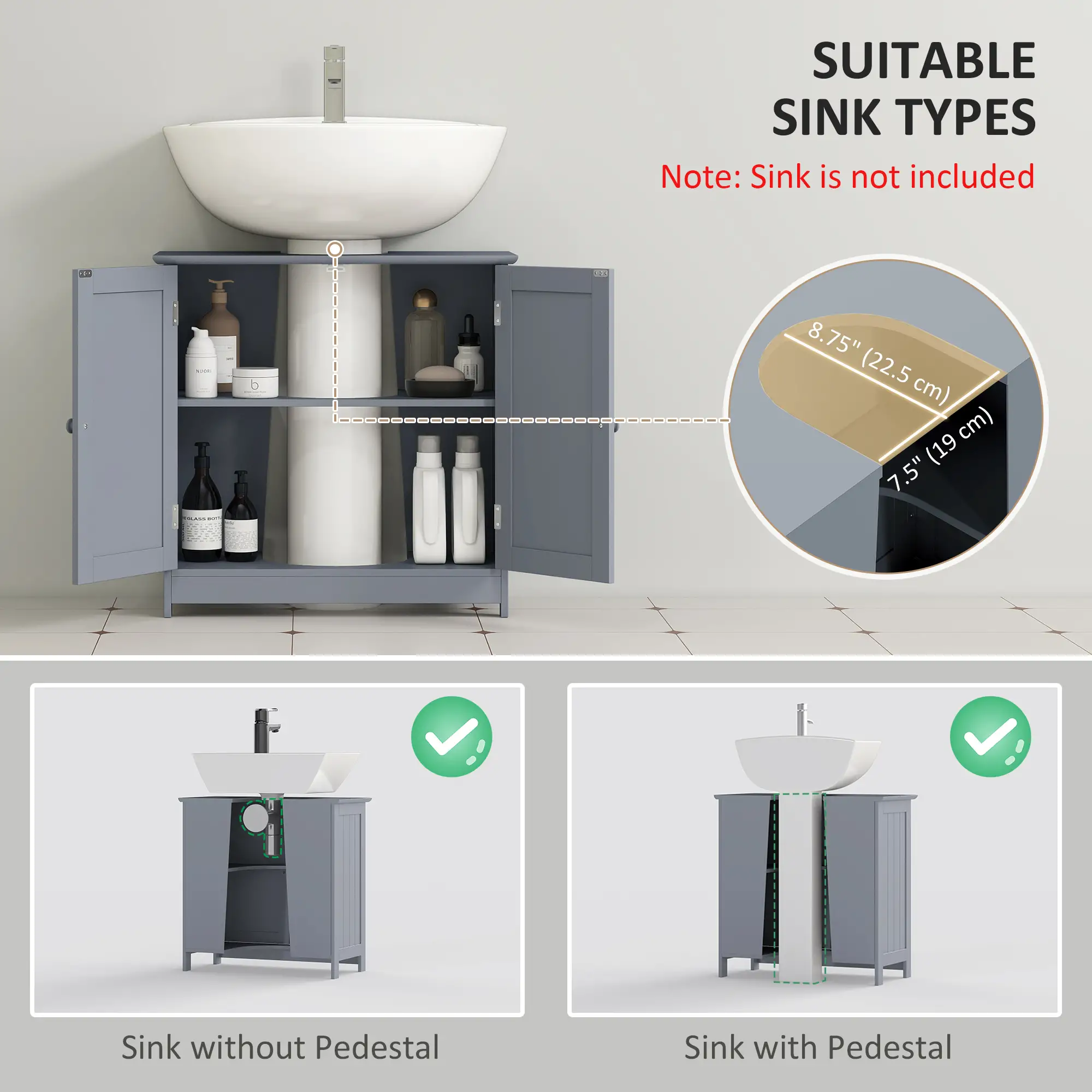 Under Sink Bathroom Cabinet, 2 Doors, Shelf, Grey - Image 4