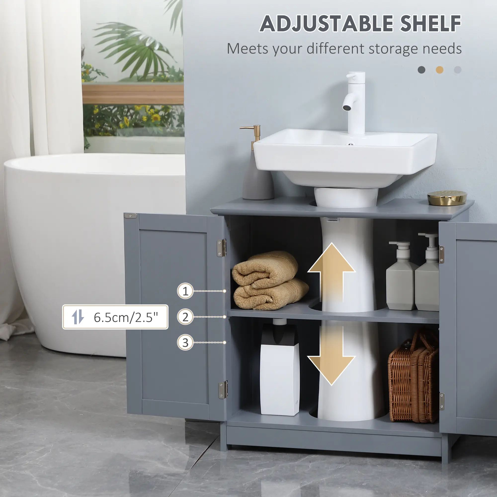 Under Sink Bathroom Cabinet, 2 Doors, Shelf, Grey - Image 5