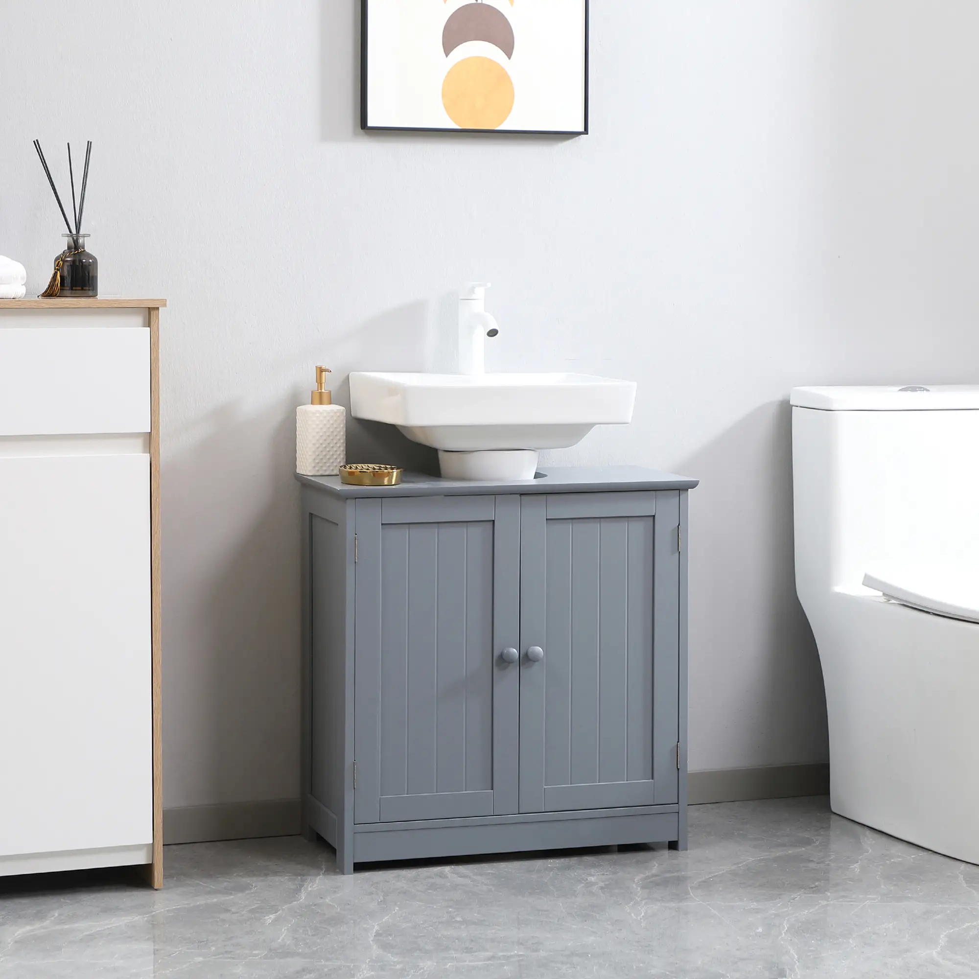 Under Sink Bathroom Cabinet, 2 Doors, Shelf, Grey - Image 8
