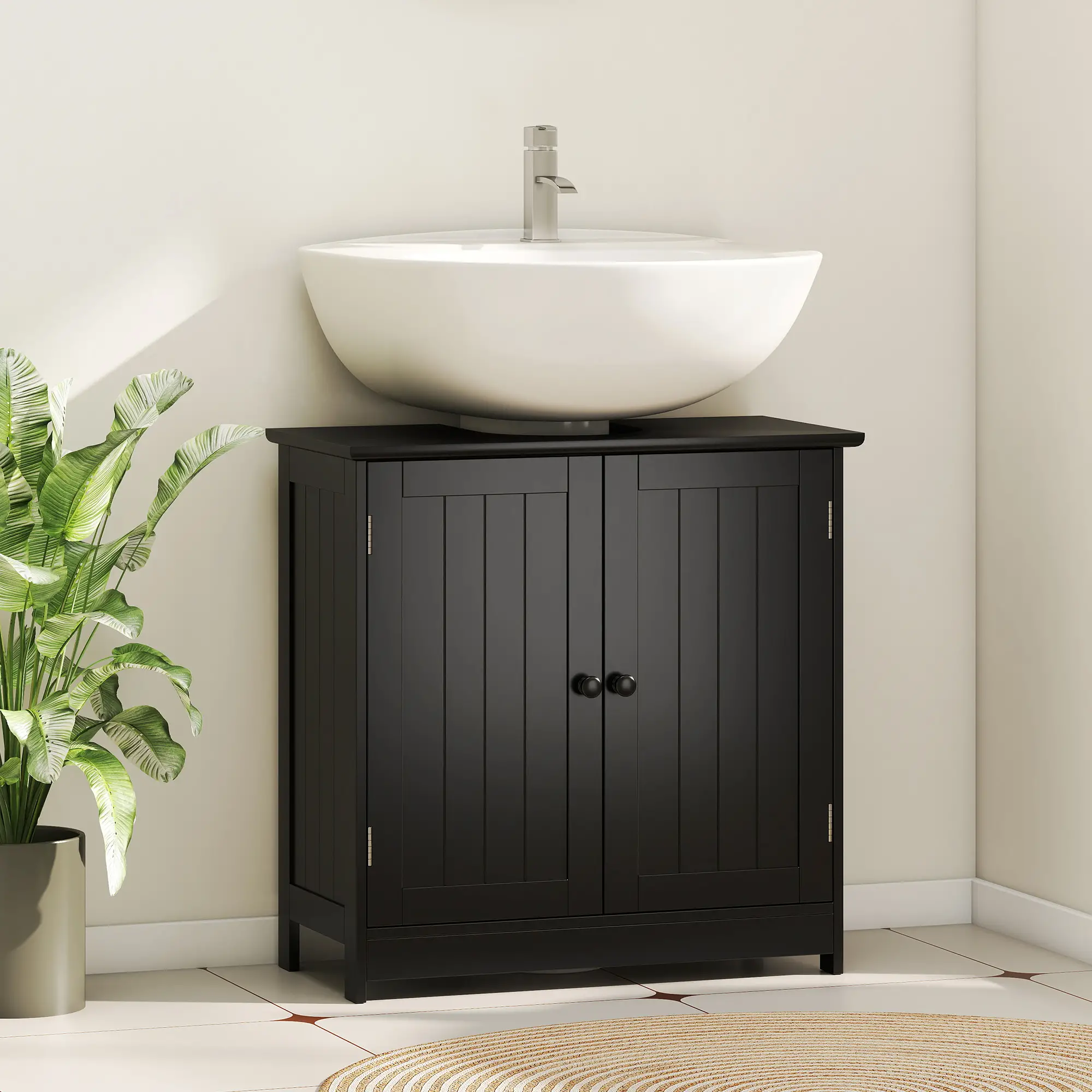 Under Sink Bathroom Cabinet, 2 Doors with Shelf, Black - Image 2