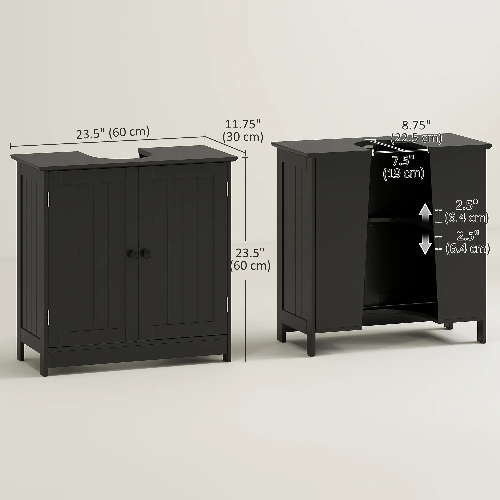 Under Sink Bathroom Cabinet, 2 Doors with Shelf, Black - Image 3