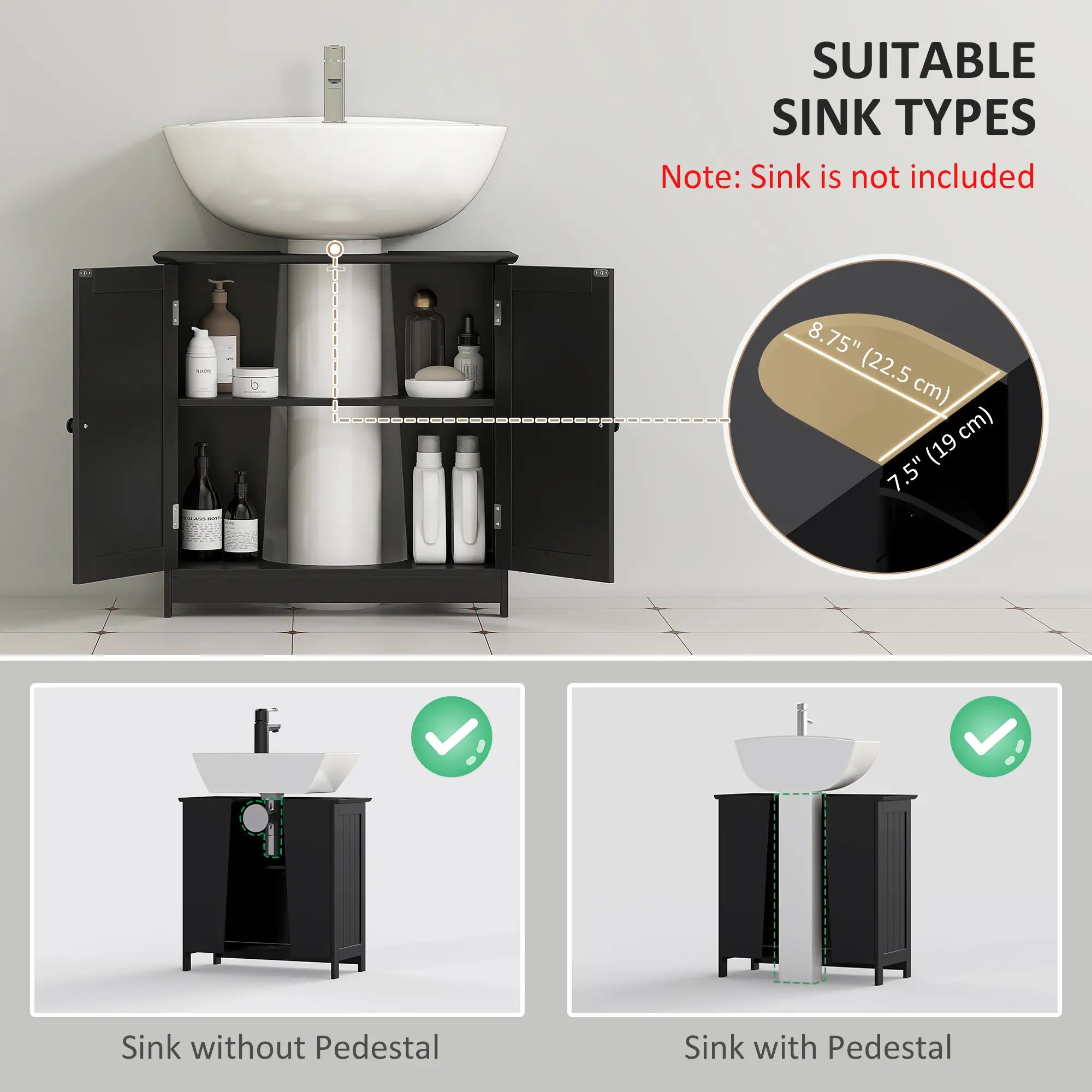 Under Sink Bathroom Cabinet, 2 Doors with Shelf, Black - Image 4