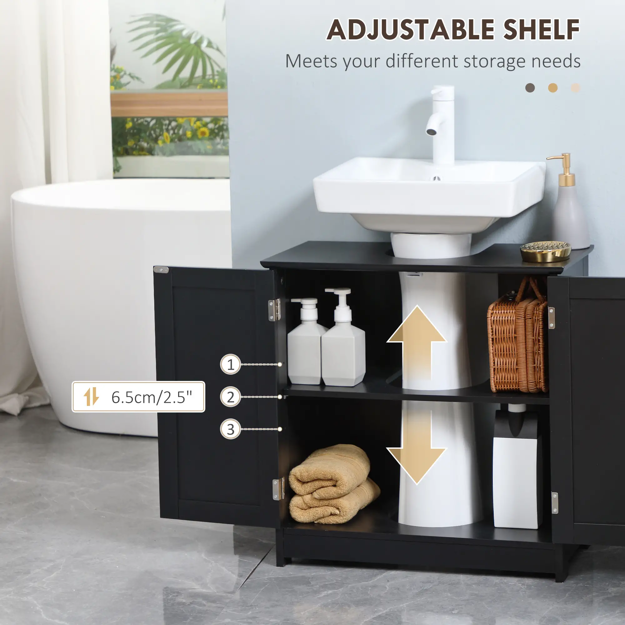 Under Sink Bathroom Cabinet, 2 Doors with Shelf, Black - Image 5