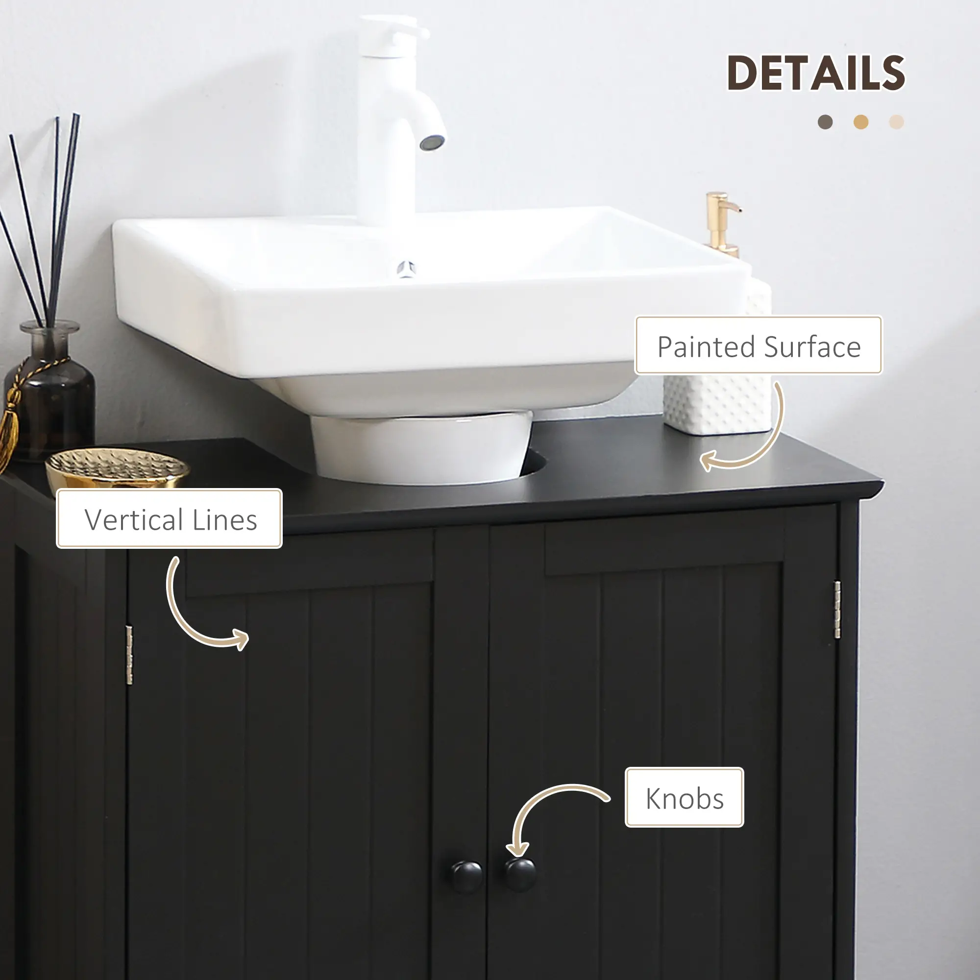Under Sink Bathroom Cabinet, 2 Doors with Shelf, Black - Image 6