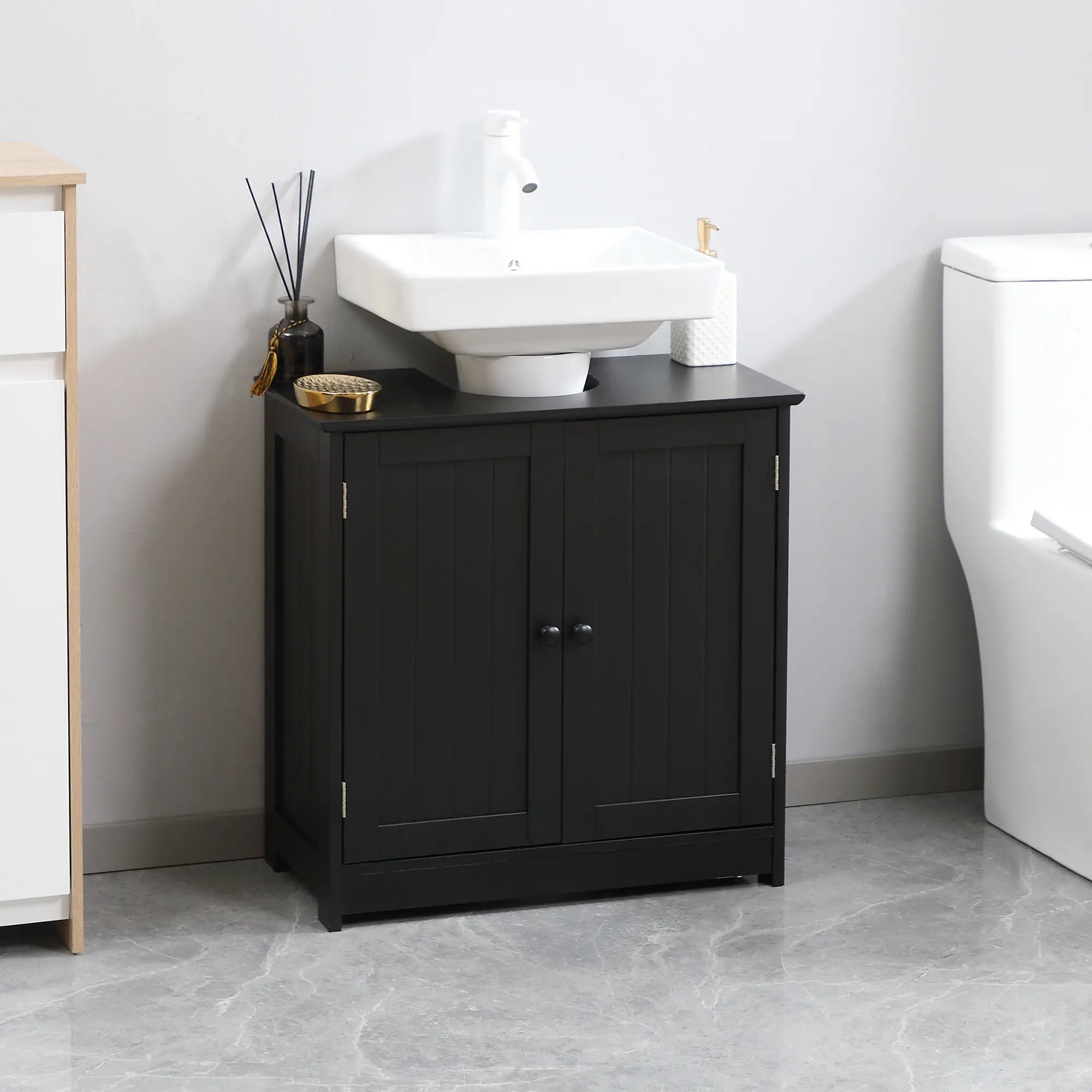 Under Sink Bathroom Cabinet, 2 Doors with Shelf, Black - Image 8