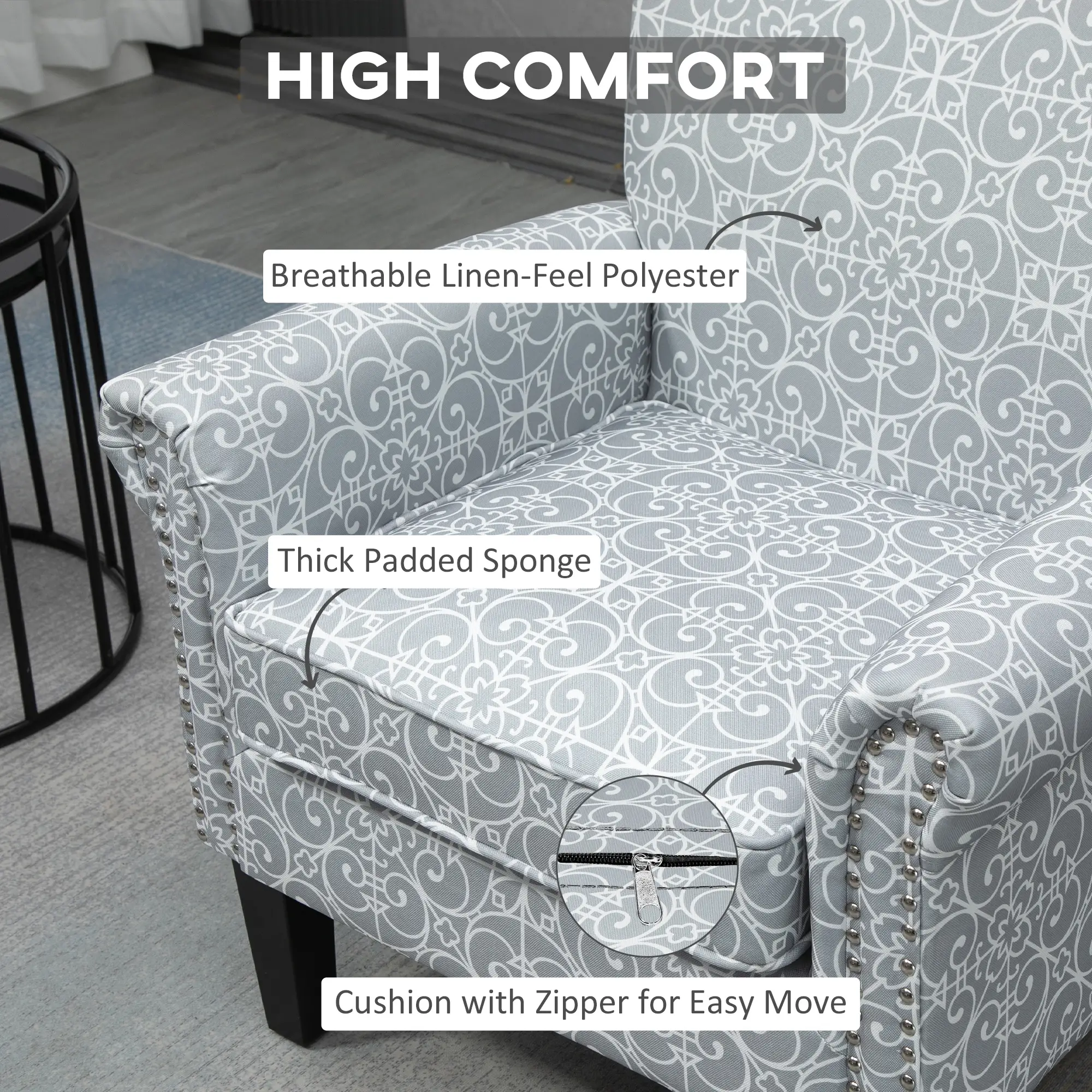 Upholstered Accent Chair, Soft Linen Fabric, Rolled Armrest, Grey - Image 5