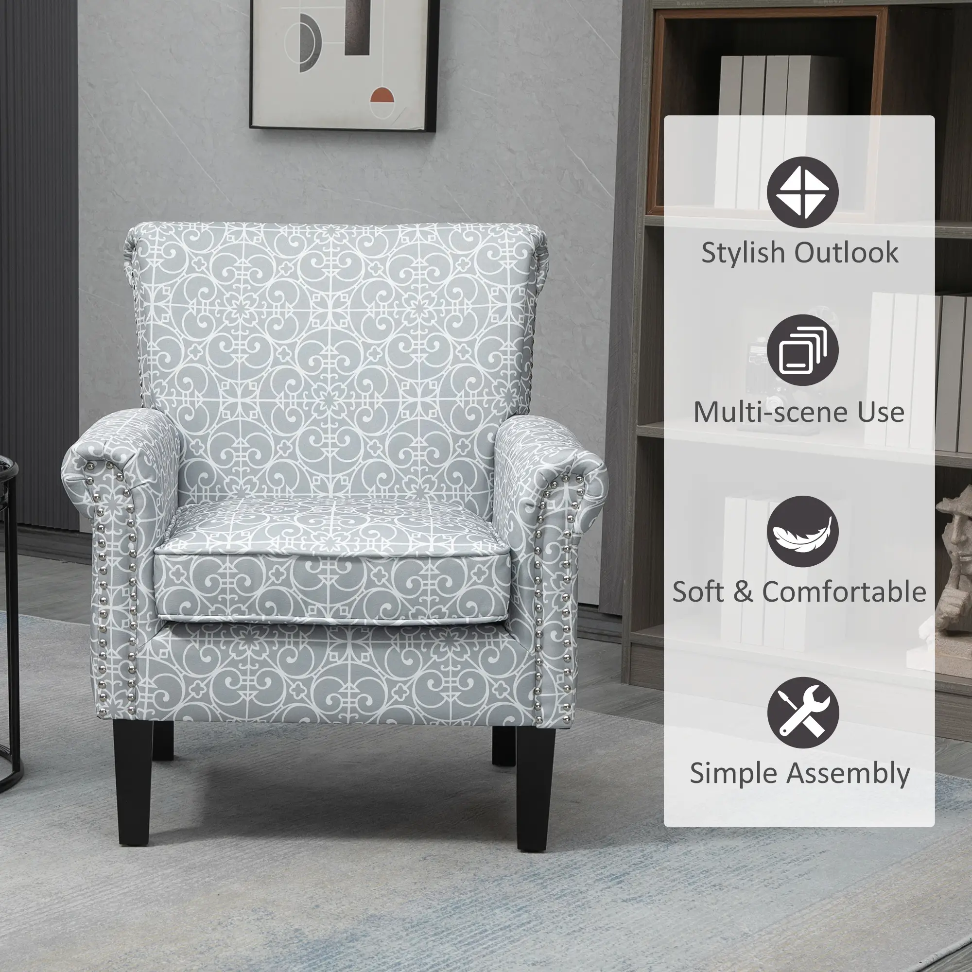 Upholstered Accent Chair, Soft Linen Fabric, Rolled Armrest, Grey - Image 6