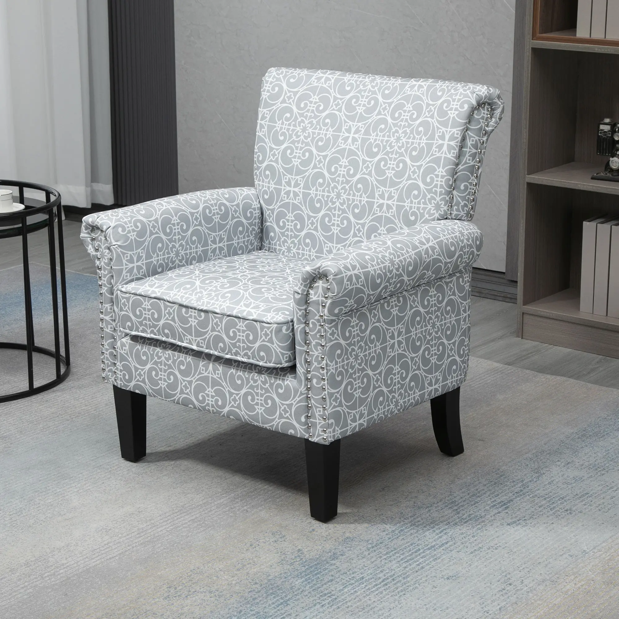 Upholstered Accent Chair, Soft Linen Fabric, Rolled Armrest, Grey - Image 8