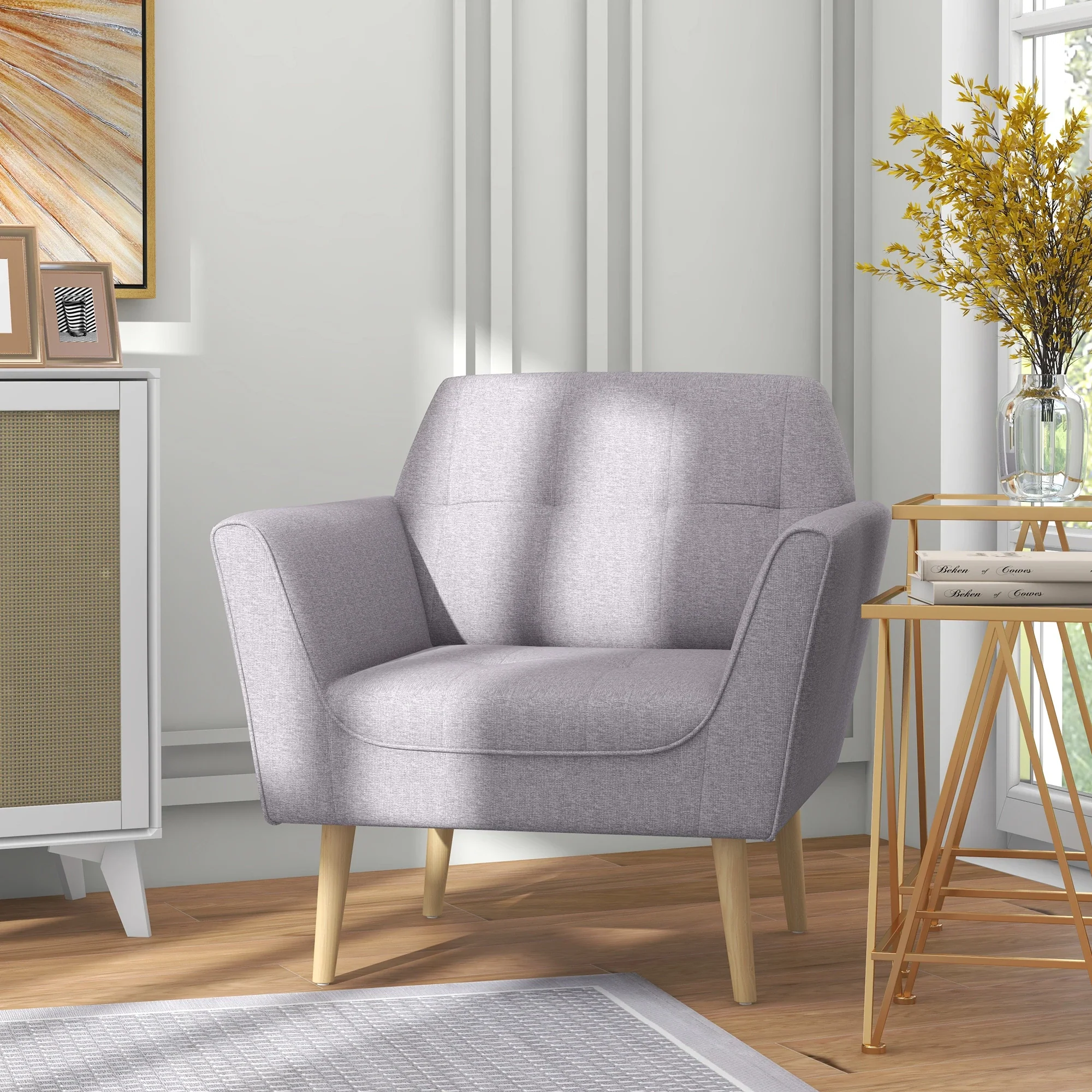 Upholstered Armchair, Modern Tufted Accent Chair, Rubber Wood Legs, Grey - Image 2