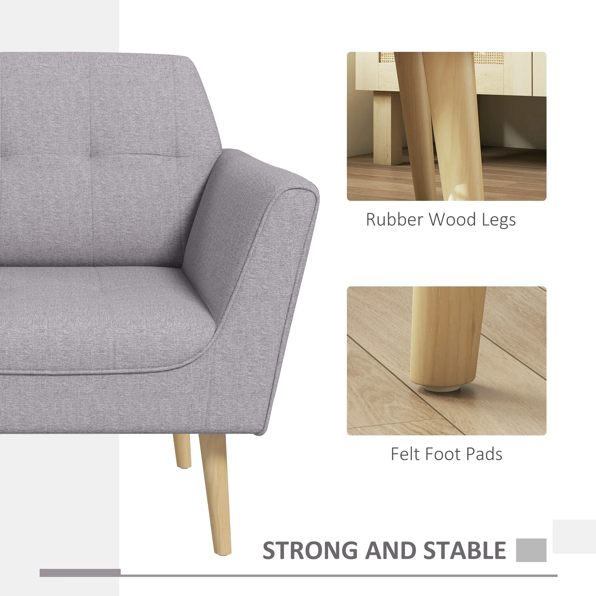 Upholstered Armchair, Modern Tufted Accent Chair, Rubber Wood Legs, Grey - Image 6