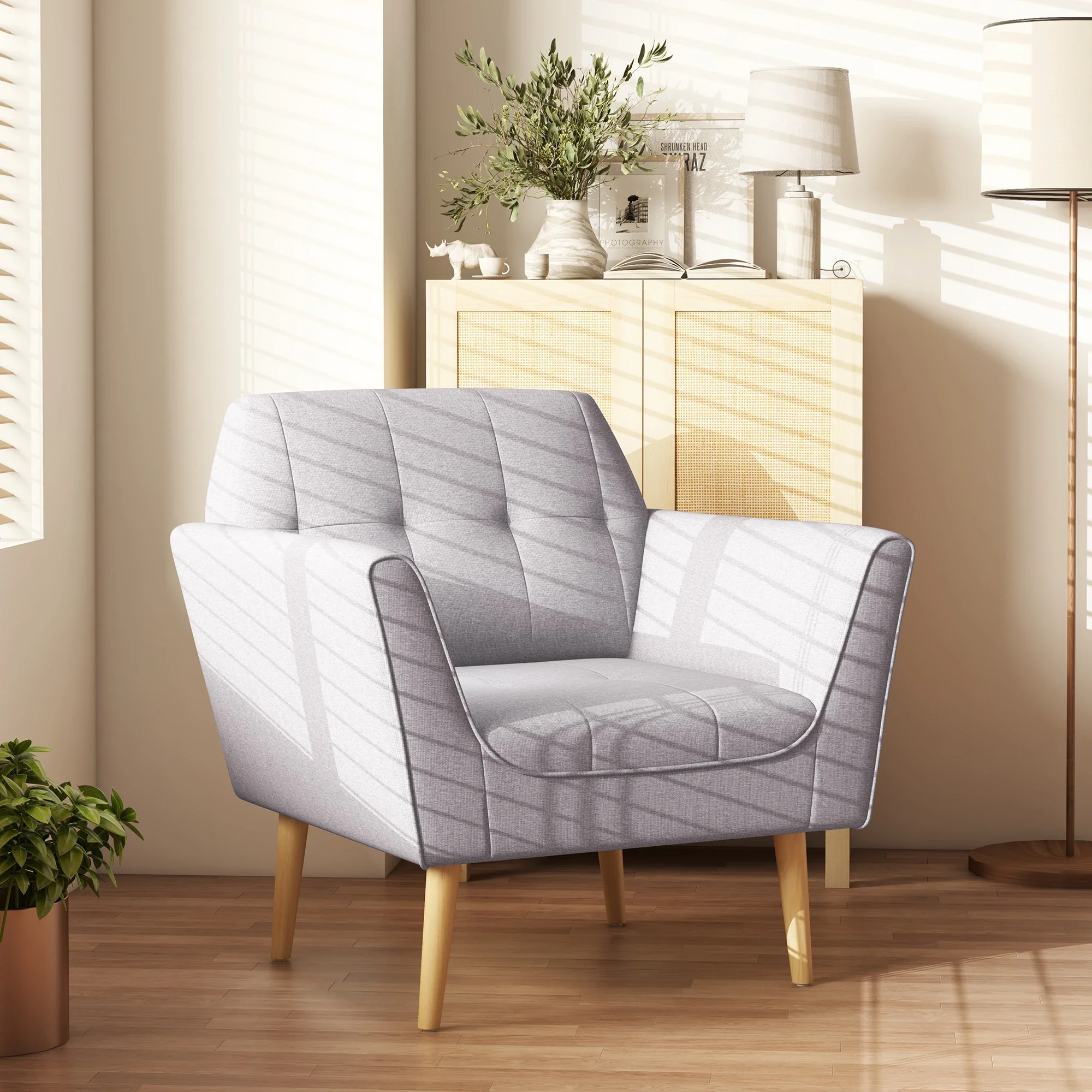 Upholstered Armchair, Modern Tufted Accent Chair, Rubber Wood Legs, Grey - Image 7