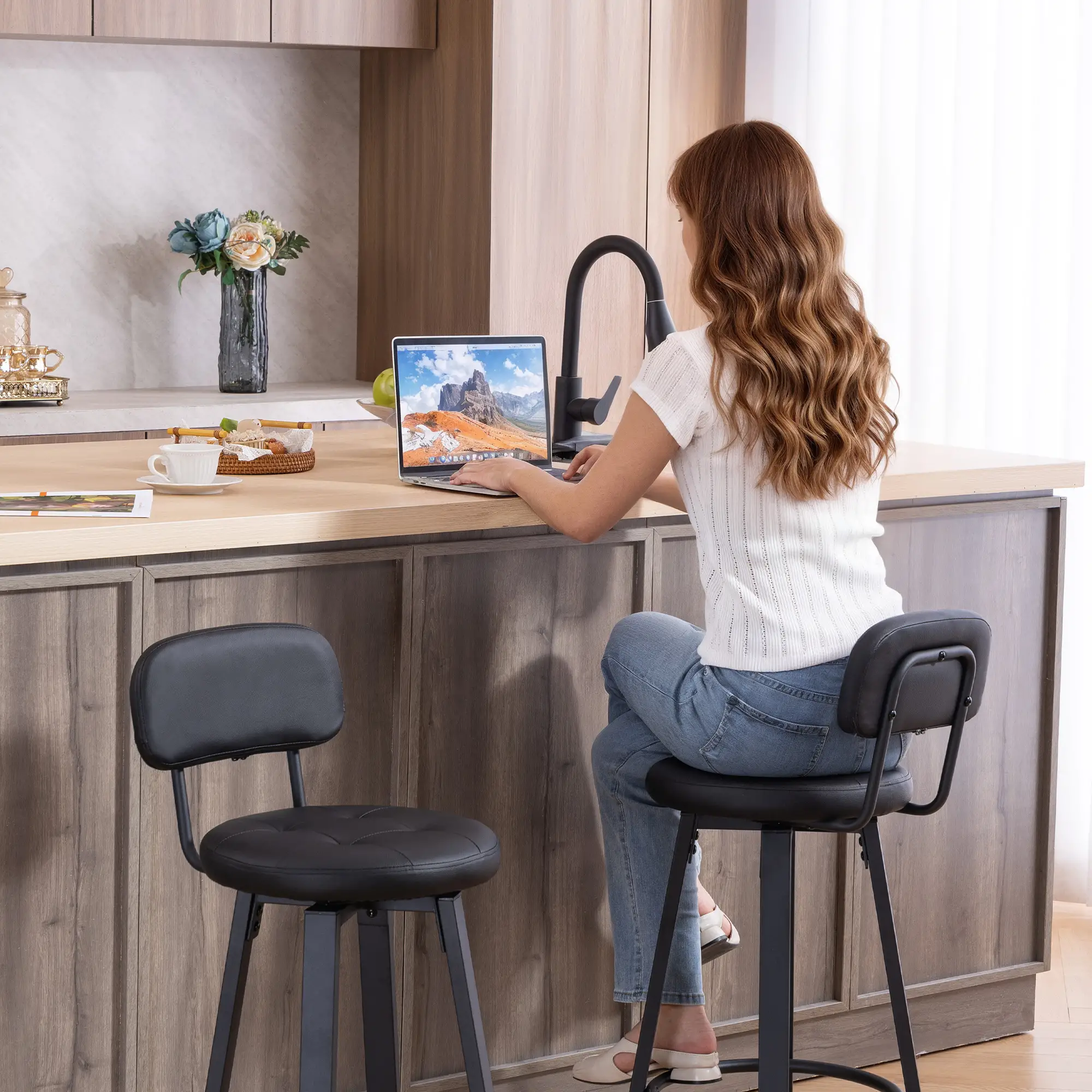 Upholstered Bar Stools Set Of 2, With Footrest And Backrest, Black - Image 10